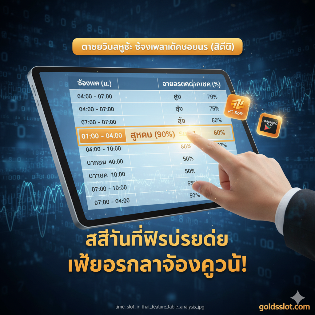ภาพสำหรับส่วน 'สถิติที่พิสูจน์ได้' แสดงถึงการวิเคราะห์ข้อมูลอย่างเป็นระบบ. พื้นหลังเป็นลายเส้นกราฟหรือชุดข้อมูลดิจิทัลสีน้ำเงินอ่อน. ภาพแสดงมือที่กำลังชี้ไปที่หน้าจอแท็บเล็ตหรือคอมพิวเตอร์ที่เปิดตาราง 'ช่วงเวลา (Time Slot)' พร้อมเน้นช่อง '01:00 - 04:00 น.' และ 'โอกาสการแตก: สูงสุด (90%)' อย่างชัดเจน. มีไอคอนเล็กๆ ของ PG Soft และ Pragmatic Play ลอยอยู่ใกล้เคียง เพื่อสื่อถึงการรวบรวมข้อมูลจากหลายค่าย. ใช้สีส้ม/ทองเป็นสีเน้นเพื่อแสดงความมั่งคั่งและโอกาสทอง.