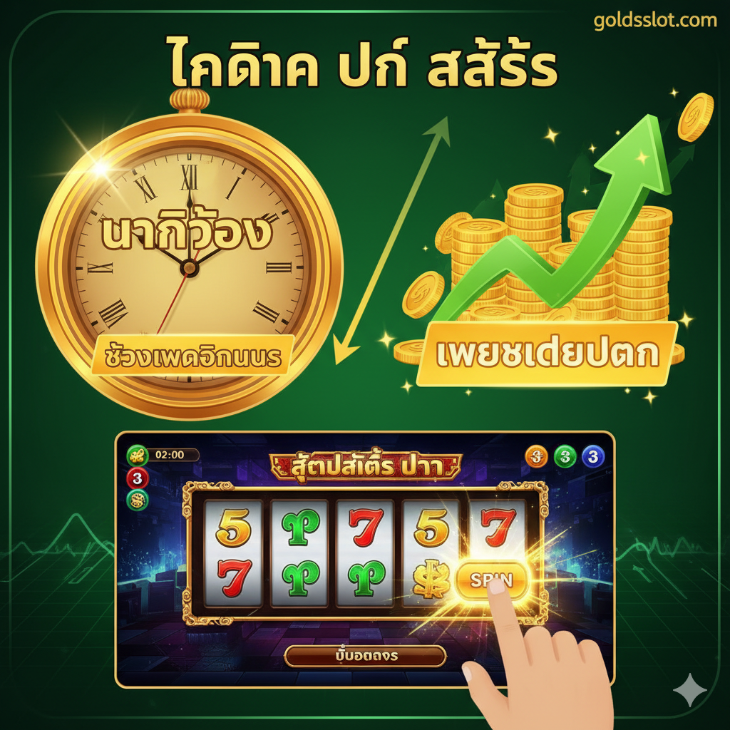 ภาพสำหรับส่วน 'เทคนิค ปั่น สล็อต' แสดงถึงการใช้ 'สูตรสล็อต เวลา' ร่วมกับการจัดการเงินทุน. ภาพแบ่งเป็นสองส่วน: ส่วนซ้ายเป็นนาฬิกาที่มีเข็มชี้ไปยัง 'นาทีทอง' (อาจเป็น 02:00 น.) ส่วนขวาเป็นสัญลักษณ์ของเงินทุน (Stack of Coins) ที่กำลังเพิ่มขึ้น. มีมือผู้เล่นกำลังกดปุ่ม 'Spin' บนหน้าจอเกมสล็อตแบบโปรเกรสซีฟ. องค์ประกอบรวมถึงลูกศรชี้ขึ้นและป้าย 'Bet Size UP' เพื่อเน้นย้ำเทคนิคการเพิ่ม Bet ในช่วงเวลาที่เหมาะสม. โทนสีเขียว/เหลืองเพื่อสื่อถึงการเติบโตและการลงทุน.