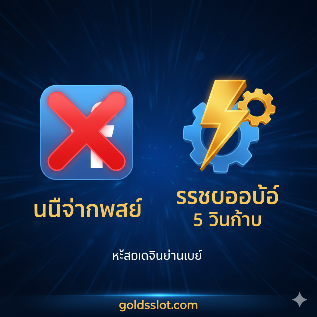 一张突出核心功能（自动系统、无需分享）的图片。画面以科技蓝和速度感的光线为背景，中心有两个并列的抽象图标：一个巨大的'X'标记覆盖ใน社交媒体分享图标（如Facebook图标），强调'ไม่ต้องแชร์'（无需分享）；另一个是闪电หรือ齿轮图标，代表'ระบบออโต้'（自动系统）และ'5 วินาที'（5秒到账）。下方มี小字泰文提示'แค่สมัครยืนยันเบอร์'（只需注册确认号码）。整体风格现代、高效，使用清晰的对比色来突出核心卖点。