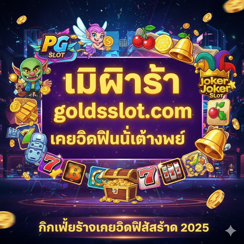 一张总结性质的图片，结合关键词และ游戏平台。画面中心คือ巨大的泰文'goldsslot.com'และ'เครดิตฟรีไม่ต้องแชร์'的文字，周围环绕着PG Slot、Joker Slot等知名老虎机游戏的标志性元素或插画，如PG的动画人物、Joker的经典水果符号。图片下方มี行动呼吁文字'คลิกเพื่อรับเครดิตฟรีล่าสุด 2025'（点击领取最新免费积分2025）。整体风格为游戏大厅หรือ高品质娱乐界面，色彩丰富，充满游戏氛围，引导用户进行最终的点击操作。