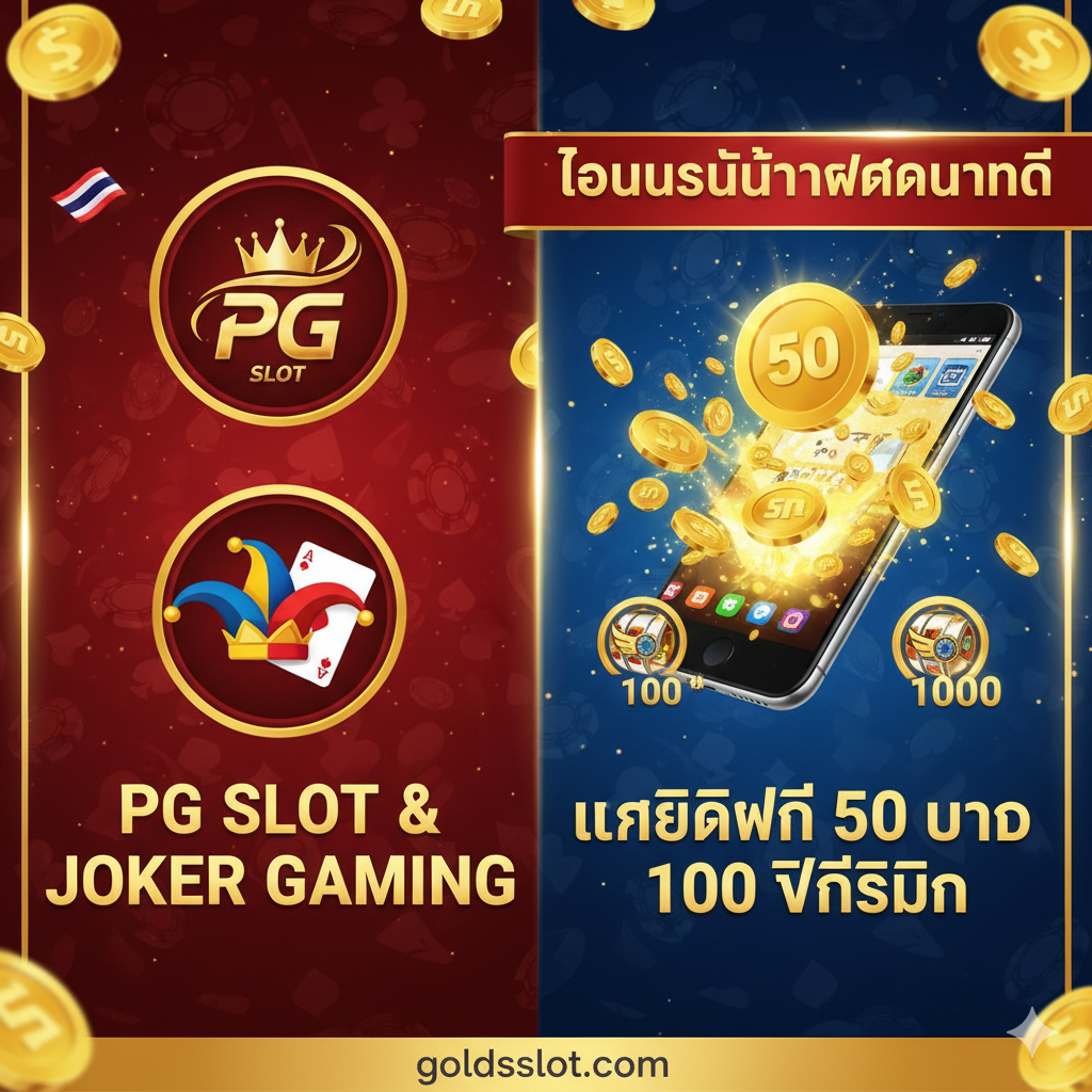 ภาพเน้นคุณสมบัติพิเศษของโบนัสสำหรับผู้เล่นชาวไทย แสดงถึงความแตกต่างของ Goldsslot.com สองส่วน: ด้านซ้ายเป็นไอคอนของ PG Slot/Joker Gaming (ค่ายสล็อตเอเชียยอดนิยม) และด้านขวาเป็นสัญลักษณ์ของ 'โบนัสไม่ต้องฝากทันที' (เช่น เหรียญทองที่พุ่งออกจากโทรศัพท์มือถือ) มีธงชาติไทยเล็กน้อยเพื่อระบุกลุ่มเป้าหมาย มีข้อความเน้นย้ำ 'PG Slot & Joker Gaming' และ 'เครดิตฟรี 50 บาท/100 ฟรีสปิน' สื่อสารด้วยสีสันสดใส เช่น แดงและทองคำ เน้นการจัดวางแบบเปรียบเทียบตาราง (เหมือนในเนื้อหา) เล็กน้อย