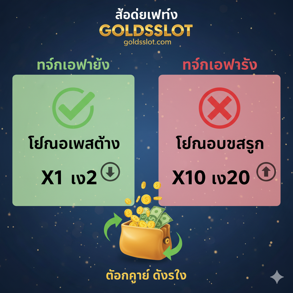 ภาพแสดงข้อได้เปรียบหลักของ Goldsslot.com ที่เหนือกว่าคู่แข่ง เน้นที่ 'เงื่อนไขเทิร์นโอเวอร์ต่ำ' และ 'การถอนเงินที่ง่าย' ใช้กราฟิกแบบเปรียบเทียบที่เข้าใจง่าย: ด้านหนึ่งเป็น 'เทิร์นโอเวอร์ต่ำ' (สัญลักษณ์เครื่องหมายถูกสีเขียว, ตัวเลข X น้อย) อีกด้านเป็น 'เทิร์นโอเวอร์สูง' (สัญลักษณ์เครื่องหมายกากบาทสีแดง, ตัวเลข X มาก) มีไอคอนกระเป๋าเงินที่มีเงินไหลออกมาอย่างง่ายดายเพื่อสื่อถึง 'การถอนได้จริง' องค์ประกอบภาพควรมีความโปร่งใสและน่าเชื่อถือ เพื่อตอกย้ำความน่าเชื่อถือของเว็บไซต์