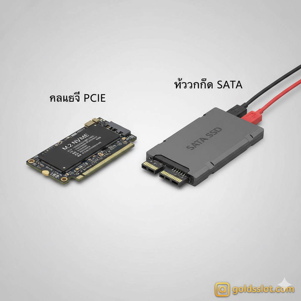 ภาพแสดงความเร็วที่เหนือกว่าของ M.2 NVMe PCIe Gen 4 ในลักษณะกราฟิกที่น่าตื่นเต้น อาจเป็นภาพหน้าจอจำลองของโปรแกรม Benchmark (เช่น CrystalDiskMark) ที่แสดงตัวเลขความเร็วในการอ่าน (Read Speed) ที่สูงกว่า 7000 MB/s อย่างโดดเด่น หรือภาพของข้อมูลดิจิทัลที่พุ่งออกมาจาก M.2 SSD Gen 4 พร้อมแสงสีส้มหรือสีแดงเพื่อสื่อถึงพลังและความเร็วสูง จัดวางคู่กับไอคอนเกมมิ่งหรือการตัดต่อวิดีโอ 4K เพื่อเน้นย้ำถึงประโยชน์หลักตามที่ระบุในหัวข้อ 3.1