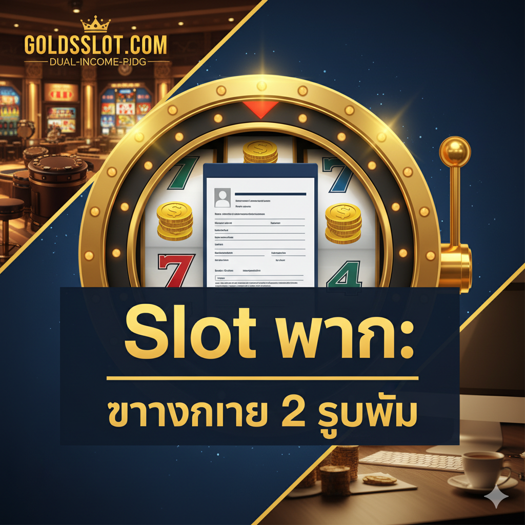 一张富有創意和視覺衝擊力的封面圖，主題是“slot งาน”的雙重含義。畫面中央是一個巨大的金色老虎機（Slot Machine）的卷軸，卷軸上同時顯示着金幣（代表做工/收入）和一份正式的工作申請表（代表職位）。背景是Goldsslot.com的品牌色調，如奢華的金色和深藍色。構圖採用對角線分割，一邊是閃耀的賭場元素，另一邊是專業嚴謹的辦公桌元素，中間用一個醒目的泰語標題“Slot งาน: สร้างรายได้ 2 รูปแบบ”連接，強調文章的兩個核心主題。