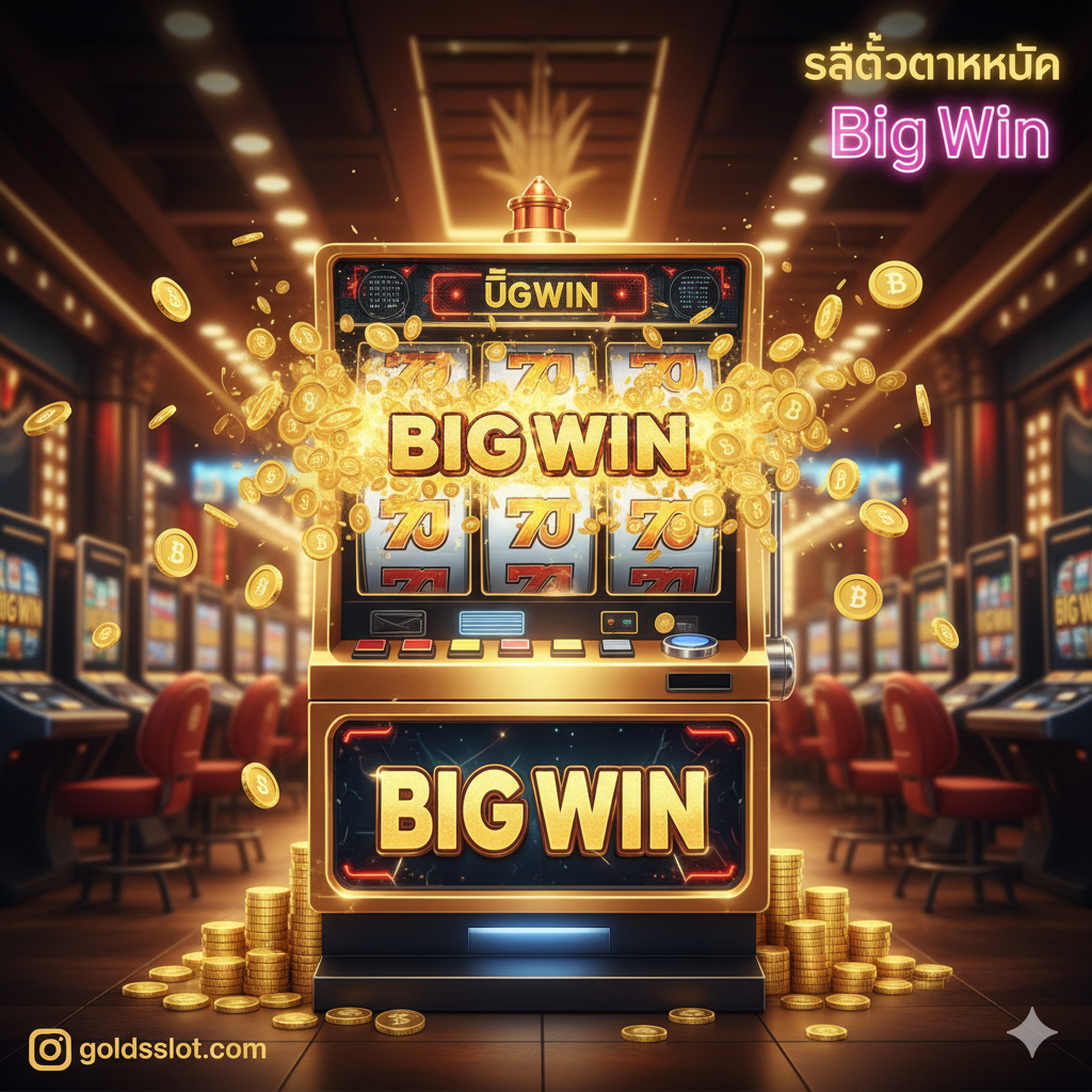 一張引人注目の封面圖，主題為'Big Win Slot Games'和'สล็อตแตกหนัก'。圖片中心應是一個巨大的、閃閃發光的金色老虎機（Slot Machine），其屏幕上清晰顯示着爆炸性的'BIG WIN'字樣和高額的泰銖符號（฿）。背景是深邃的、帶有霓虹燈光效的賭場氛圍，以金色、紅色和黑色為主色調，營造出奢華和刺激感。構圖上，老虎機佔據C位，周圍環繞着金幣飛濺的動態效果，以強烈的視覺衝擊力吸引玩家。