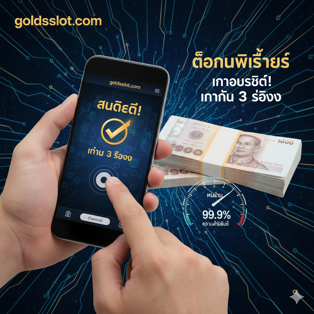 功能特性圖，重點突出'ถอนไวที่สุด'（最快提款）และ'ระบบการเงินที่รวดเร็ว'（快速金融系統）。圖片應展示一只手正在操作手機屏幕，屏幕上是Goldsslot.com的提款界面，有一個巨大的'Success'和'3 วินาที'（3秒）字樣。背景可採用藍色和金色交替的科技感線條，象征快速和安全。在手機旁邊放置一疊厚厚的泰銖或一個速度表盤，以視覺化方式強調'快速'和'安全到账'的承諾，体现極高的效率和信賴感。