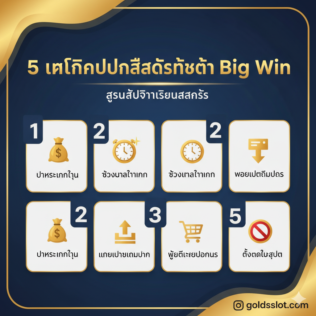 教程指導圖，圍繞'5 เทคนิคปั่นสล็อตให้ได้ Big Win'和'สูตรลับจากเซียนสล็อต'。圖片應採用信息圖表（Infographic）風格，以清晰的數字1-5排列出五個小圖標或步驟。每個數字旁邊用簡潔的泰文或小圖標代表一個技巧，例如：1. 錢袋（管理資金）、2. 時鐘（黃金時間）、3. 上升箭頭（提高投注）、4. 購物車（購買特色）、5. 停止標誌（目標和停止）。整體色彩應明亮且對比鮮明，使信息易於閱讀和記憶，鼓勵用戶學習攻略。