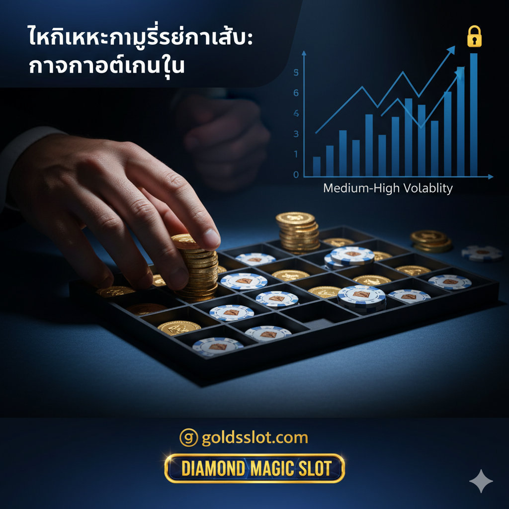 ภาพประกอบส่วน 'เทคนิคและกลยุทธ์การเล่น': ออกแบบให้เป็นภาพที่สื่อถึงการวางแผนและการจัดการเงินทุน (Bankroll Management) โดยแสดงมือที่กำลังจัดเรียงเหรียญทองคำหรือชิปคาสิโนที่กองไว้อย่างเป็นระเบียบ ด้านบนหรือด้านข้างควรมีภาพกราฟแท่งที่แสดงถึงความผันผวน (Medium-High Volatility) ของเกม เน้นโทนสีเข้มที่ดูน่าเชื่อถือและเป็นมืออาชีพ พร้อมมีไอคอนรูปเพชรหรือกุญแจเล็กๆ เพื่อสื่อถึง 'กลยุทธ์ทำเงิน'