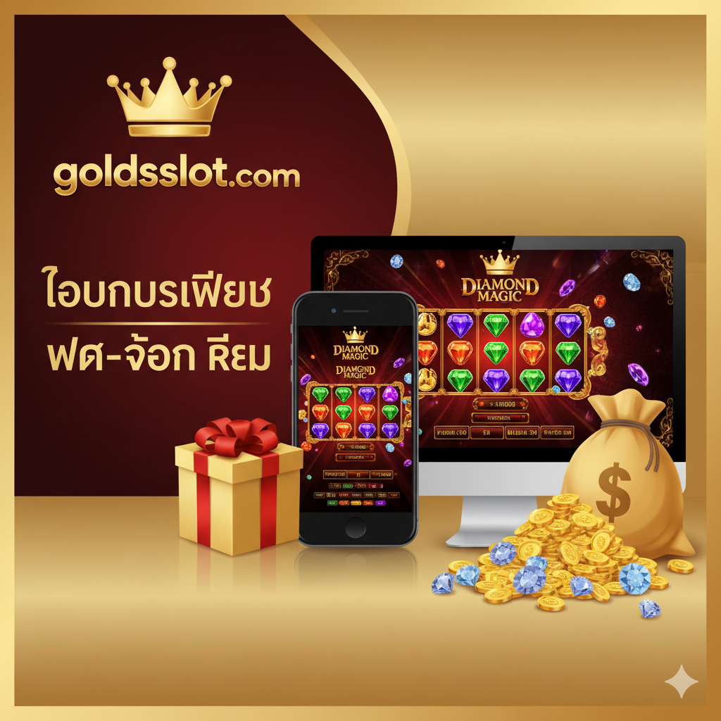 ภาพประกอบส่วน 'เล่นที่ goldsslot.com ดีอย่างไร?': เน้นการโปรโมทเว็บไซต์ goldsslot.com โดยใช้พื้นหลังสีทองหรือสีแดงหรูหรา แสดงสัญลักษณ์มือถือหรือคอมพิวเตอร์ที่มีหน้าจอเกม Diamond Magic Slot อยู่ภายใน พร้อมรูป 'กล่องของขวัญ' หรือ 'ถุงเงิน' ขนาดใหญ่ที่กำลังมีเหรียญทองหรือเพชรไหลออกมา สื่อถึง 'โบนัสต้อนรับ' และ 'ความมั่นคงทางการเงิน' ควรมีโลโก้ goldsslot.com ขนาดใหญ่และชัดเจน พร้อมข้อความสั้นๆ เช่น 'โบนัสเพียบ' หรือ 'ฝาก-ถอน เร็ว'
