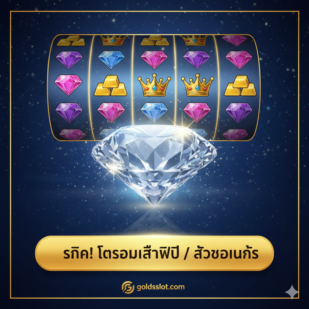 ภาพสรุปและ Call to Action (CTA): ภาพที่มีพลังและกระตุ้นให้คลิก โดยเน้นภาพเพชรขนาดใหญ่ที่ส่องแสงเจิดจรัสอยู่ตรงกลาง พร้อมวงล้อสล็อตที่กำลังหยุดนิ่งและแสดงชุดสัญลักษณ์ที่ชนะรางวัล 'Big Win' หรือ 'Mega Win' พื้นหลังควรเป็นสีเข้มที่ตัดกับแสงของเพชรอย่างชัดเจน ส่วนด้านล่างควรมีปุ่ม CTA (Call to Action) จำลองขนาดใหญ่ที่เขียนว่า 'คลิก! ทดลองเล่นฟรี / รับโบนัส' พร้อมโลโก้ goldsslot.com เล็กน้อย เพื่อนำไปสู่การสมัครสมาชิก