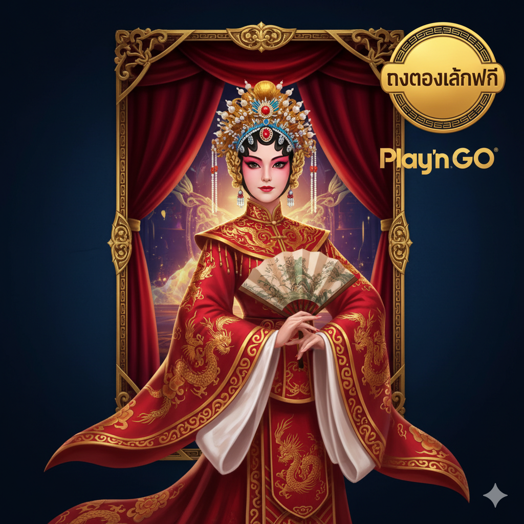 主视觉图，用于文章封面，应突出“Imperial Opera Slot”的游戏主题和“Free Play”概念。图片中央是一个身着华丽旗袍、头戴精致发饰的京剧/中国戏曲女主角（游戏中的高价值符号）。背景是游戏界面的金色边框和华丽的红色帷幕，营造出剧院的奢华感。左上角หรือ右上角มี显著的泰语文字“ทดลองเล่นฟรี” (Try for Free) หรือ“เครดิตฟรี” (Free Credit) 的金色徽章，下方是Play'n GO的Logo。整体色彩以金色、红色和深蓝为主，具有高对比度和视觉冲击力。