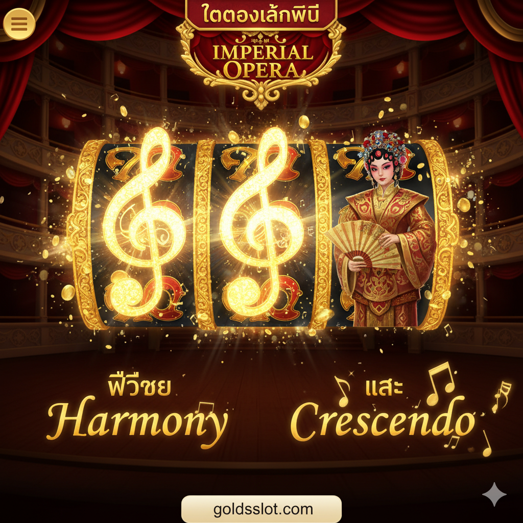 功能特性图，重点展示Harmony和Crescendo两大核心机制。图片中央是Imperial Opera Slot的游戏画面，其中3个相邻的卷轴（如卷轴2, 3, 4）被一个巨大的金色光环或音符图标链接起来，突出'Harmony'（同步卷轴）功能。同时，一个卷轴（如卷轴5）被完全堆叠的Wild符号（如一名美丽的戏曲角色或乐器符号）覆盖，突出'Crescendo'（堆叠Wild）。图中标注มี泰语“ฟีเจอร์ Harmony และ Crescendo”的文字提示。风格应是游戏内的截图优化版，强调机制触发时的视觉震撼และสูง额奖金的潜力。