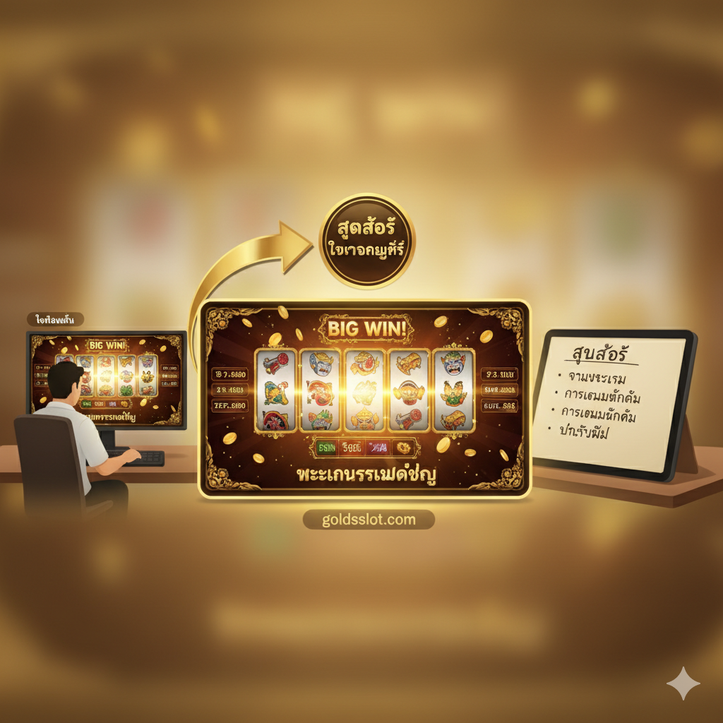 教程指导图，用于说明如何利用“ทดลองเล่นฟรี”来测试策略。图片是一个分屏或สาม宫格构图。左侧是一个玩家坐在电脑前，屏幕上显示着游戏的低注额旋转画面，代表“ทดลองเล่น”或“Low Bet”。右侧是一个笔记本或平板电脑，上面写着泰语的笔记，内容如“สูตรสล็อต” (Slot Formula) และ“จังหวะเกม” (Game Timing)。中心是一个显著的箭头，จาก“测试”指向“赢钱/Big Win”的画面，暗示免费试玩是通往成功的กุญแจสำคัญ。背景可采用较柔らかな金色调，突出学习และ规划的重要性。