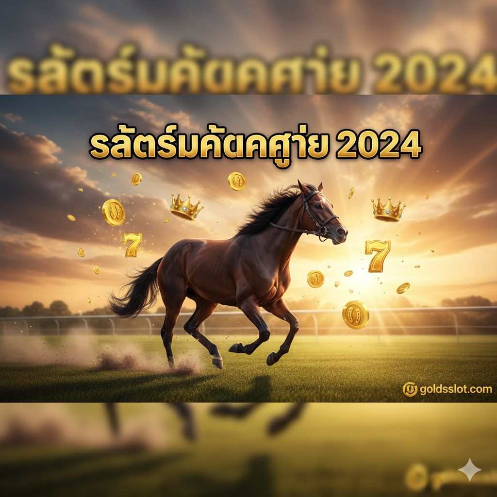 ภาพแบนเนอร์แนวนอนขนาดใหญ่สำหรับหน้าปก โชว์ม้าแข่งสายพันธุ์ดีกำลังวิ่งเต็มฝีเท้าบนสนามแข่งสีเขียวสดใสภายใต้แสงอาทิตย์ยามเย็นที่ให้โทนสีส้มทอง เน้นความรู้สึกตื่นเต้นและรวดเร็ว มีสัญลักษณ์สล็อต (เช่น เหรียญทอง, มงกุฎ, เลข 7) ลอยอยู่รอบๆ ม้าอย่างเป็นประกาย ตัวอักษรเด่นชัดคำว่า 'สล็อตม้าแตกง่าย 2024' และโลโก้ goldsslot.com เล็กน้อยที่มุมใดมุมหนึ่ง สไตล์ภาพต้องดูพรีเมียมและดึงดูดใจ ให้ความรู้สึกถึงชัยชนะ
