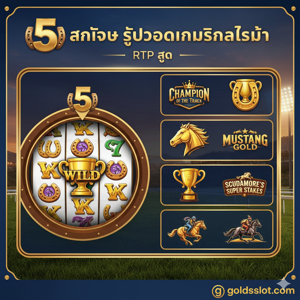 ภาพแสดงฟีเจอร์เด่นของเกมสล็อตม้า 5 อันดับแรก องค์ประกอบหลักคือการจัดเรียงไอคอน/โลโก้ของเกมเด่น เช่น Champion of the Track, Mustang Gold และ Scudamore's Super Stakes ไว้ในกรอบที่ดูเหมือนตารางการแข่งขัน มีวงล้อสล็อตที่กำลังหมุนแสดงสัญลักษณ์ Wild หรือ Scatter ที่เป็นรูปม้า หรือถ้วยรางวัลขนาดใหญ่ เน้นสีน้ำเงินและสีทองเพื่อสื่อถึงความน่าเชื่อถือและความมั่งคั่ง มีตัวเลข '5 อันดับ' หรือ 'RTP สูง' อยู่ในภาพเพื่อเน้นย้ำเนื้อหาในส่วนที่ 2