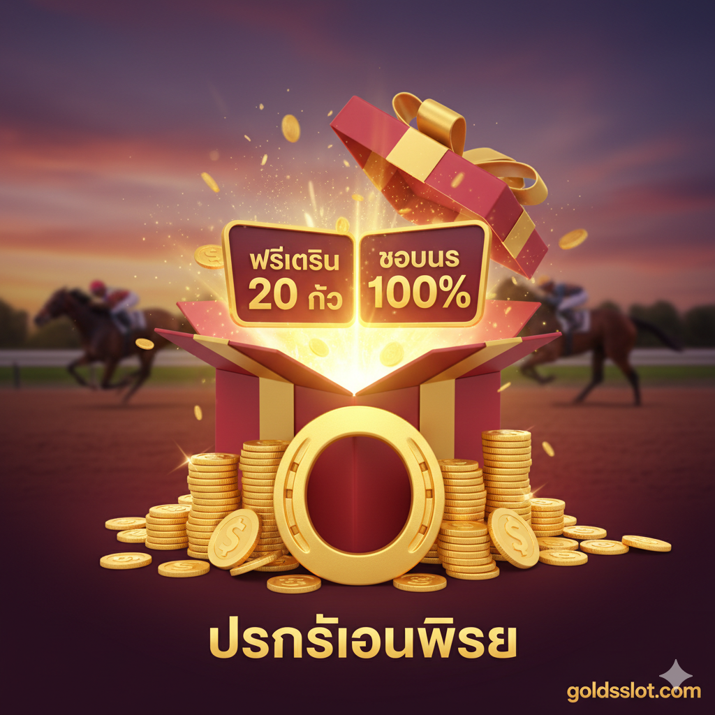 ภาพที่เน้นย้ำถึงความพิเศษและโปรโมชั่น องค์ประกอบหลักคือกล่องของขวัญที่เปิดออกและมีแสงสว่างพุ่งออกมา พร้อมกับสัญลักษณ์ 'ฟรีสปิน 20 ครั้ง' หรือ 'โบนัส 100%' มีรูปเกือกม้าสีทองที่นำโชคและเหรียญทองกองโตอยู่ด้านหน้า พื้นหลังอาจเป็นภาพสนามแข่งม้าเบลอๆ เพื่อสื่อถึงธีม HHR slot (Historical Horse Racing) โทนสีเน้นความน่าตื่นเต้นและโอกาสทองด้วยสีแดง, สีทอง, และสีม่วงเข้ม ตัวอักษร Call-to-Action ที่ชัดเจนว่า 'Exclusive Promotion' สำหรับ goldsslot.com