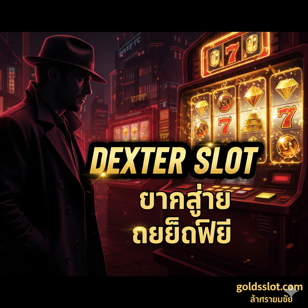 ภาพปกสำหรับบทความ 'Dexter Slot' ที่เน้นความน่าตื่นเต้นและลึกลับ สไตล์ Dark, Neo-Noir โทนสีหลักคือสีดำ, แดงเข้ม, และทอง ด้านซ้ายเป็นภาพเงาของชายปริศนาที่กำลังจ้องมองสัญลักษณ์สล็อตที่สว่างไสวเป็นสีทองคำอยู่ทางขวา มีโลโก้ 'goldsslot.com' อยู่มุมล่างขวาอย่างชัดเจน พร้อมข้อความเน้นย้ำ 'แตกง่าย' และ 'เครดิตฟรี' ด้วยฟอนต์สไตล์ดิบและฉูดฉาด เน้นองค์ประกอบของสล็อตแมชชีนและบรรยากาศแห่งการ 'ล่ารางวัล' ที่เข้มข้น จัดวางให้ตัวอักษรของหัวข้อโดดเด่นสะดุดตา