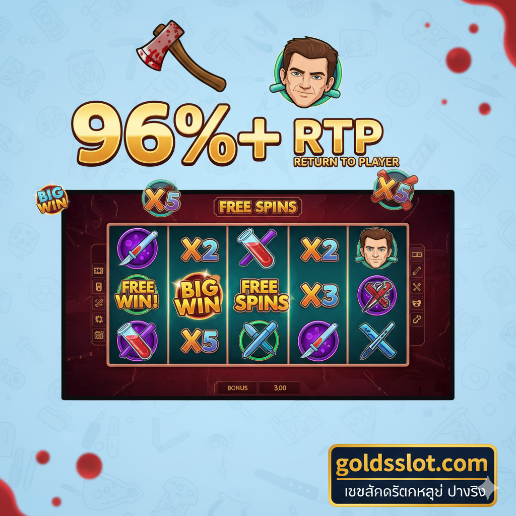 ภาพเน้นคุณสมบัติหลักของเกมสล็อตที่คล้าย 'Dexter Slot' แสดงภาพหน้าจอเกมสล็อตแบบ 5x3 หรือ 5x4 ที่กำลังแสดงผล Free Spins หรือ Big Win กึ่งกลางภาพมีตัวเลข '96%+' และ 'RTP' ขนาดใหญ่ที่ลอยอยู่ด้านบนของสัญลักษณ์ Scatter และ Wild ต่างๆ โทนสีสดใสของหน้าจอเกมตัดกับพื้นหลังที่ดูเป็นมิตรรวมถึงโลโก้ 'goldsslot.com' เพื่อสื่อถึงความโปร่งใสและอัตราการจ่ายที่สูง (แตกง่าย) จัดวางองค์ประกอบให้ดูเป็นกราฟิกที่ทันสมัยและเข้าใจง่าย เน้นไอคอนโบนัสและตัวคูณ (Multiplier) ต่างๆ