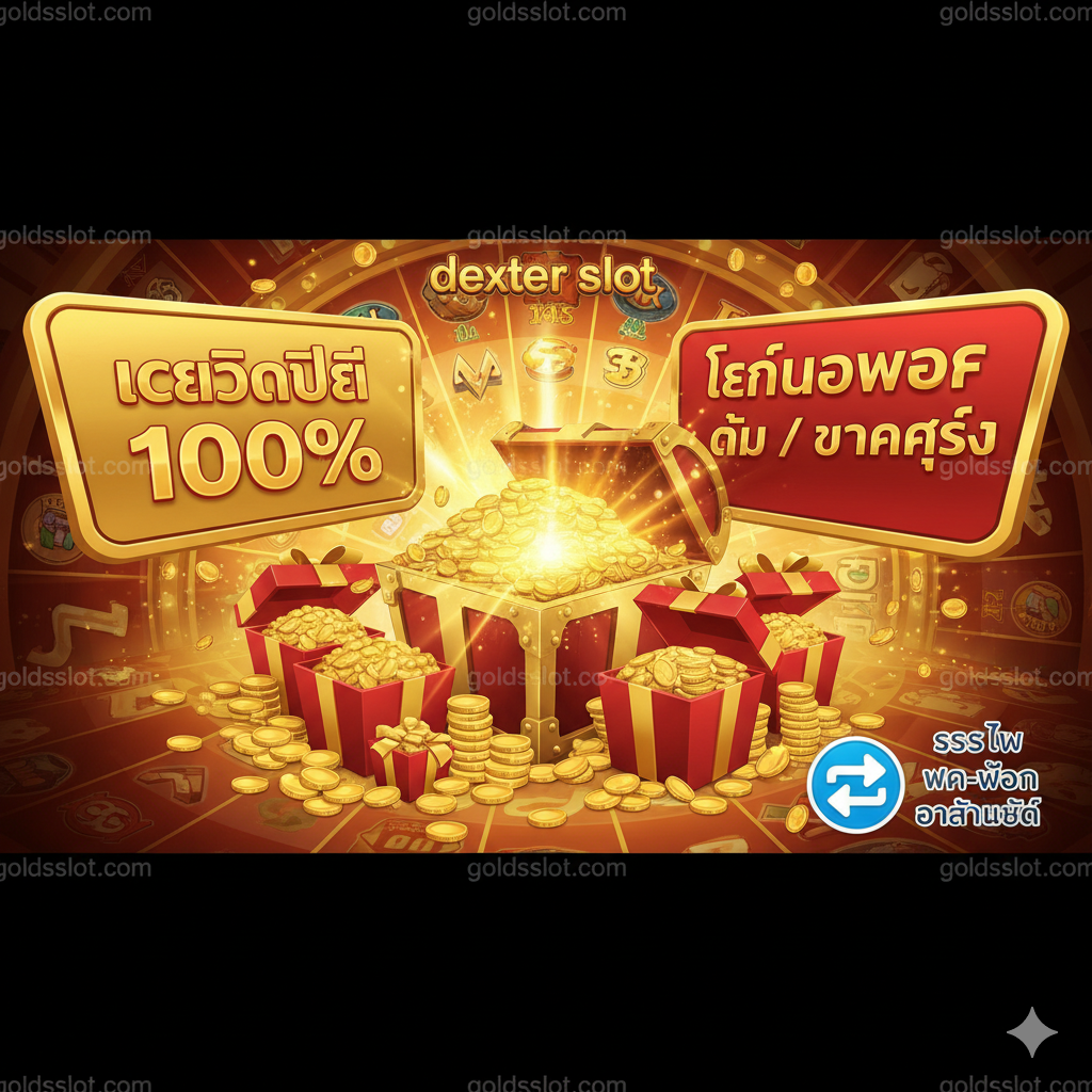 ภาพแสดงข้อได้เปรียบด้านโปรโมชั่นและเงื่อนไขการถอนเงิน โชว์ภาพกองเหรียญทองขนาดใหญ่และกล่องของขวัญที่เปิดออก พร้อมแสงไฟสว่างจากด้านใน โทนสีทองและแดงเด่นชัด สื่อถึงความคุ้มค่าและโบนัส ด้านข้างมีป้ายกำกับขนาดใหญ่สองป้าย: ป้ายแรกคือ 'เครดิตฟรี 100%' และป้ายที่สองคือ 'Turnover ต่ำ/แตกง่าย' มีโลโก้ 'goldsslot.com' เป็นลายน้ำจางๆ และมีภาพไอคอนของ 'ระบบฝาก-ถอน อัตโนมัติ' อยู่มุมหนึ่งเพื่อเน้นความน่าเชื่อถือและความรวดเร็วในการถอนเงินรางวัล