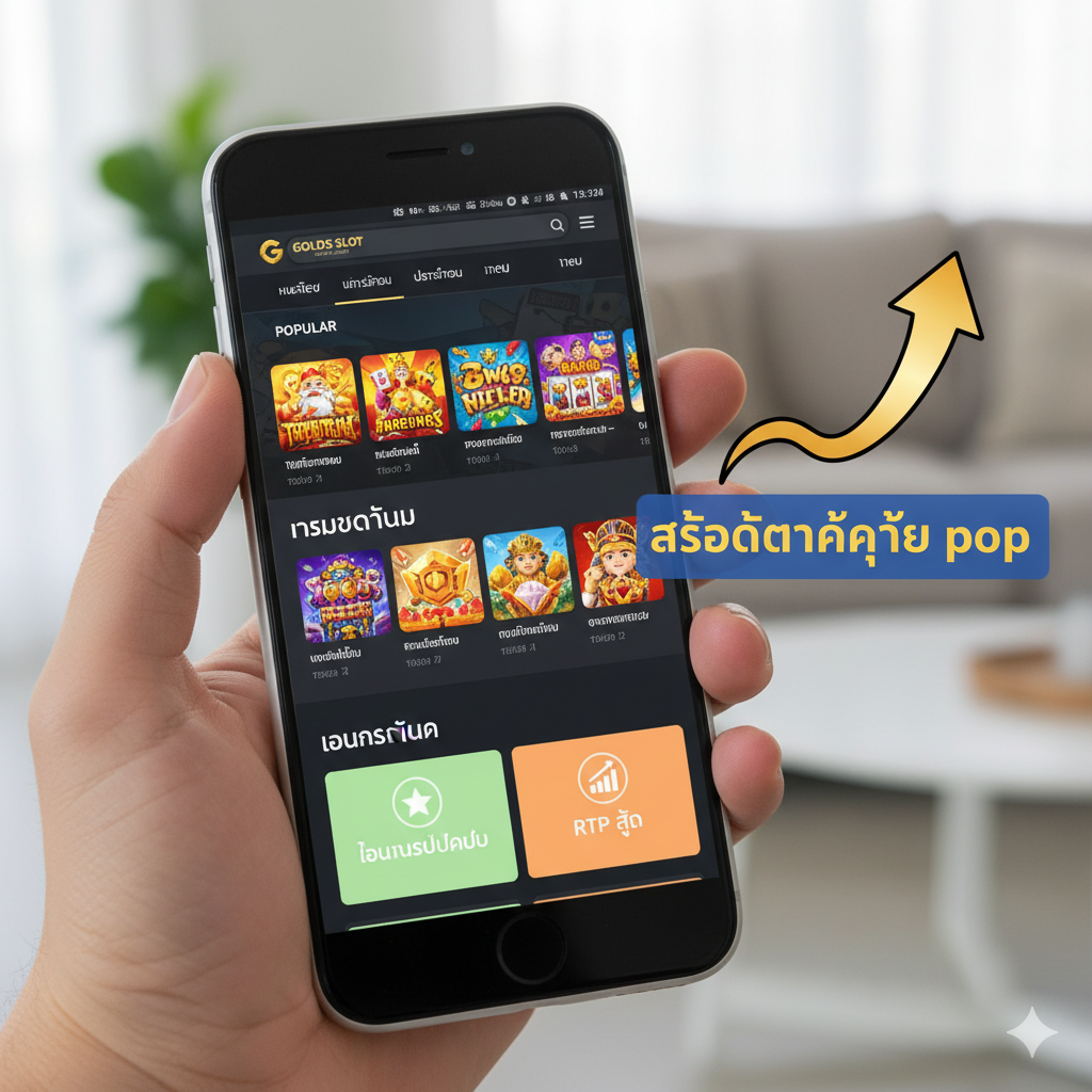 ภาพบทช่วยสอนที่แสดงกระบวนการเปลี่ยนจากเกมโซเชียลเป็นเกมเงินจริงและการเลือกเกม ภาพควรมีภาพระยะใกล้ของสมาร์ทโฟนที่ถือด้วยมือ โดยมีหน้าจอแสดงไอคอนเกมสล็อตยอดนิยม (POPULAR) หลายรายการ (เช่น 3-5 ไอคอนขนาดเล็ก) ที่จัดเรียงอย่างเป็นระเบียบบนเว็บไซต์ goldsslot.com มีลูกศรชี้ขึ้น (เป็นสัญลักษณ์ของการ 'อัปเกรด/อัปเกรด') ชี้ไปที่ข้อความ 'สล็อตแตกง่าย pop' โดยรวมใช้เลย์เอาต์ที่สะอาดตา พร้อมข้อความภาษาไทยที่ชัดเจน แนะนำให้ผู้ใช้ให้ความสนใจกับหมวดหมู่เกมที่มี 'Pop-up Bonus' และ 'High RTP'