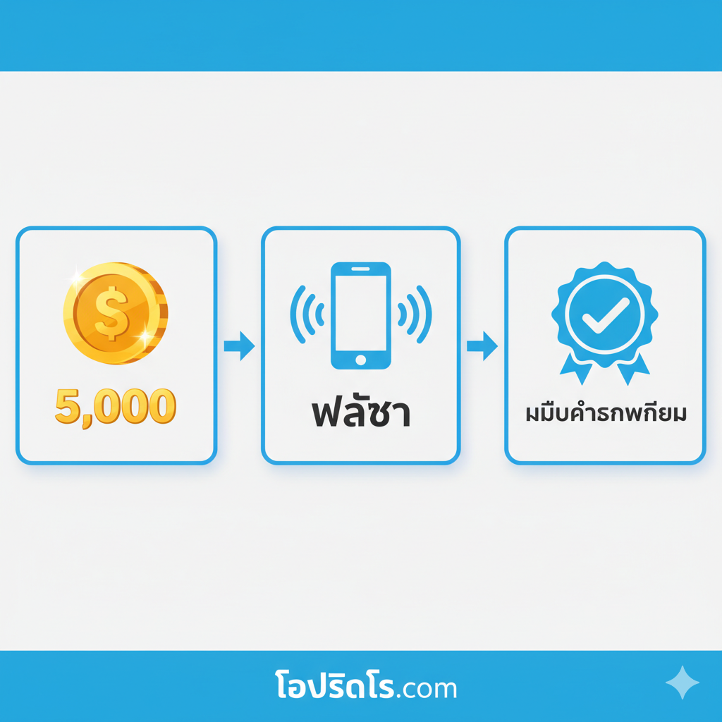 功能特性图，采用清晰的分区设计来展示服务的核心特点。使用三个并列的图标框或卡片，分别代表：1. 最小额存款 “5K” หรือไอคอนเงิน；2. สัญญาณโทรศัพท์มือถือหรือไอคอน Pulsa พร้อมข้อความ “Pulsa”; 3. ตราประทับสีแดงที่มีเครื่องหมาย “X” ขนาดใหญ่ หรือเครื่องหมายถูกสีเขียว “100%” พร้อมข้อความ “TANPA POTONGAN”/“NO FEE” โทนสีโดยรวมสดใสและเป็นมืออาชีพ ใช้ลูกศรหรือเส้นเชื่อมต่อเพื่อเน้นว่าคุณสมบัติทั้งสามนี้เป็นองค์ประกอบสำคัญของบริการ ด้านล่างมีโลโก้แบรนด์ GOLDSSLOT