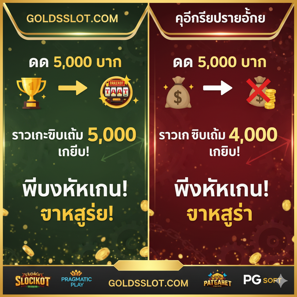 优势对比图，重点突出 “Tanpa Potongan” และโอกาส “GACOR” ภาพแบ่งออกเป็นสองส่วน ส่วนซ้ายเป็นตัวแทนของ GOLDSSLOT (โทนสีเขียว/ทอง) แสดง “5,000 IDR ➡️ 5,000 CREDIT” และไอคอนถ้วยรางวัลแห่งชัยชนะหรือแจ็คพอตใหญ่ของสล็อต ส่วนขวาเป็นตัวแทนของคู่แข่ง (โทนสีเทา/แดง) แสดง “5,000 IDR ➡️ 4,000 CREDIT” และไอคอนที่มีเครื่องหมายกากบาท การจัดองค์ประกอบใช้การออกแบบที่ตัดกันอย่างชัดเจน เน้นว่า GOLDSSLOT ให้มูลค่าสูงกว่า ด้านล่างมีโลโก้เกม High RTP เช่น Pragmatic Play และ PG Soft ซึ่งบ่งบอกถึงอัตรา GACOR ที่สูง