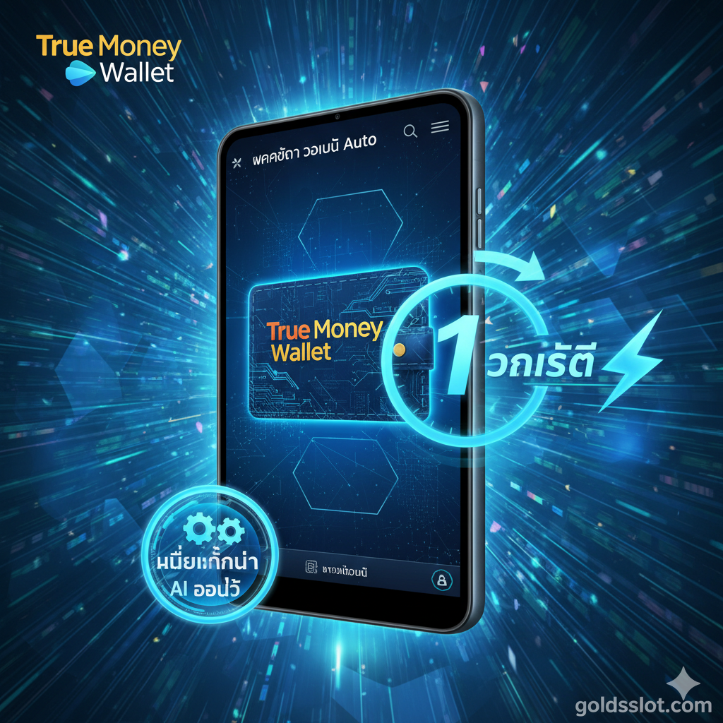 图片展示“ฝากถอน วอเลท Auto (ฝากถอนไม่มีขั้นต่ำ)”的极速功能。核心元素是一个醒目的True Money Wallet应用界面（或虚拟卡），旁边是一个计时器或闪电图标，数字显示“1 วินาที (1 second)”。色彩采用高科技的蓝、绿、银色调，突出“AI ออโต้”和“รวดเร็ว”的特性。背景可以是一个抽象的、快速流动的数据流线，象征着交易的秒速完成，同时在角落用小字体或ไอคอน突出“ไม่มีขั้นต่ำ (No minimum)”的优势。