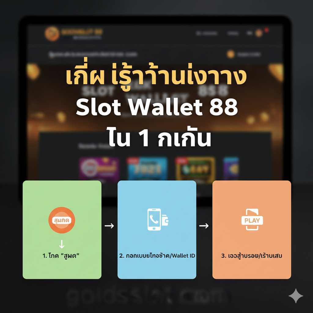 以清晰、简洁的步骤图形式展示“สมัคร (注册)”和“เข้าสู่ระบบ (登录)”的流程。图片主体应包含三个核心步骤的图标或卡片：1. 点击“สมัคร”按钮，2. กรอกเบอร์โทรศัพท์/Wallet ID (填写手机/Wallet ID)，3. เข้าสู่ระบบ/เริ่มเล่น (登录/开始游戏)。风格应采用扁平化或拟物化的UI设计，泰语文字清晰易读。使用明亮的色彩（如橙色、绿色、白色）来指导用户，背景可以是goldsslot.com网站的模糊界面，强调操作的简单快捷（1 นาที）。