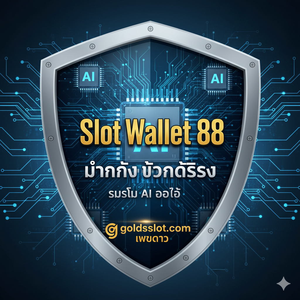 总结图，强调“ความมั่นคง (稳定性)”和“เว็บตรง (直接网站)”。画面构图采用一个坚固的基座或盾牌（象征goldsslot.com的可靠性），上面刻着“Slot Wallet 88”和“มั่นคง ถอนได้จริง”。基座的背景是抽象的AI芯片或数据网络，代表“ระบบ AI ออโต้”。色彩以专业的深蓝色、银色和少许金色为主，展现出权威和信任感。图片应传达出goldsslot.com是市场上最值得信赖和技术最先进的Slot Wallet平台。