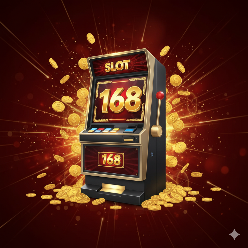 ภาพปกที่สื่อถึงความมั่งคั่งและความน่าเชื่อถือ ธีมสีทองและสีแดงเลือดหมูที่ดูหรูหราและทรงพลัง มีสัญลักษณ์ของสล็อตแมชชีน 3 มิติที่ทันสมัยตั้งอยู่ตรงกลาง โดยหน้าจอของตู้สล็อตแสดงเลข 168 ขนาดใหญ่ มีเหรียญทองจำนวนมากกำลังพุ่งออกมาหรือล้อมรอบตู้สล็อตนั้น พื้นหลังเป็นแสงสว่างระยิบระยับและเอฟเฟกต์ดิจิทัลที่สื่อถึงความเป็น 'เว็บตรง' และความรวดเร็วในการทำเงิน องค์ประกอบโดยรวมดึงดูดสายตาและเน้นย้ำคำสำคัญ 'Slot Online 168'.