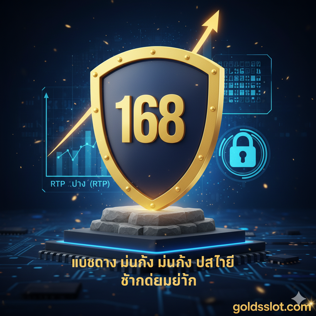 ภาพที่เน้นย้ำถึงข้อได้เปรียบของการเป็น 'เว็บตรง' ที่มีความมั่นคง ใช้สีทองและสีน้ำเงินเข้มเพื่อสื่อถึงความปลอดภัยและความเชื่อมั่น ภาพหลักคือโล่สีทองขนาดใหญ่ที่มีสัญลักษณ์ของ goldsslot.com หรือเลข 168 สลักอยู่ โล่ตั้งอยู่บนแท่นที่แข็งแกร่ง ด้านหลังมีกราฟเส้นพุ่งขึ้นสูง (RTP) และสัญลักษณ์ของการเข้ารหัส (Security Grid) หรือแม่กุญแจดิจิทัล สื่อถึงความโปร่งใสของระบบ RNG และการันตีว่า เล่นได้เท่าไหร่ ถอนได้เท่านั้น โดยไม่ผ่านคนกลาง.
