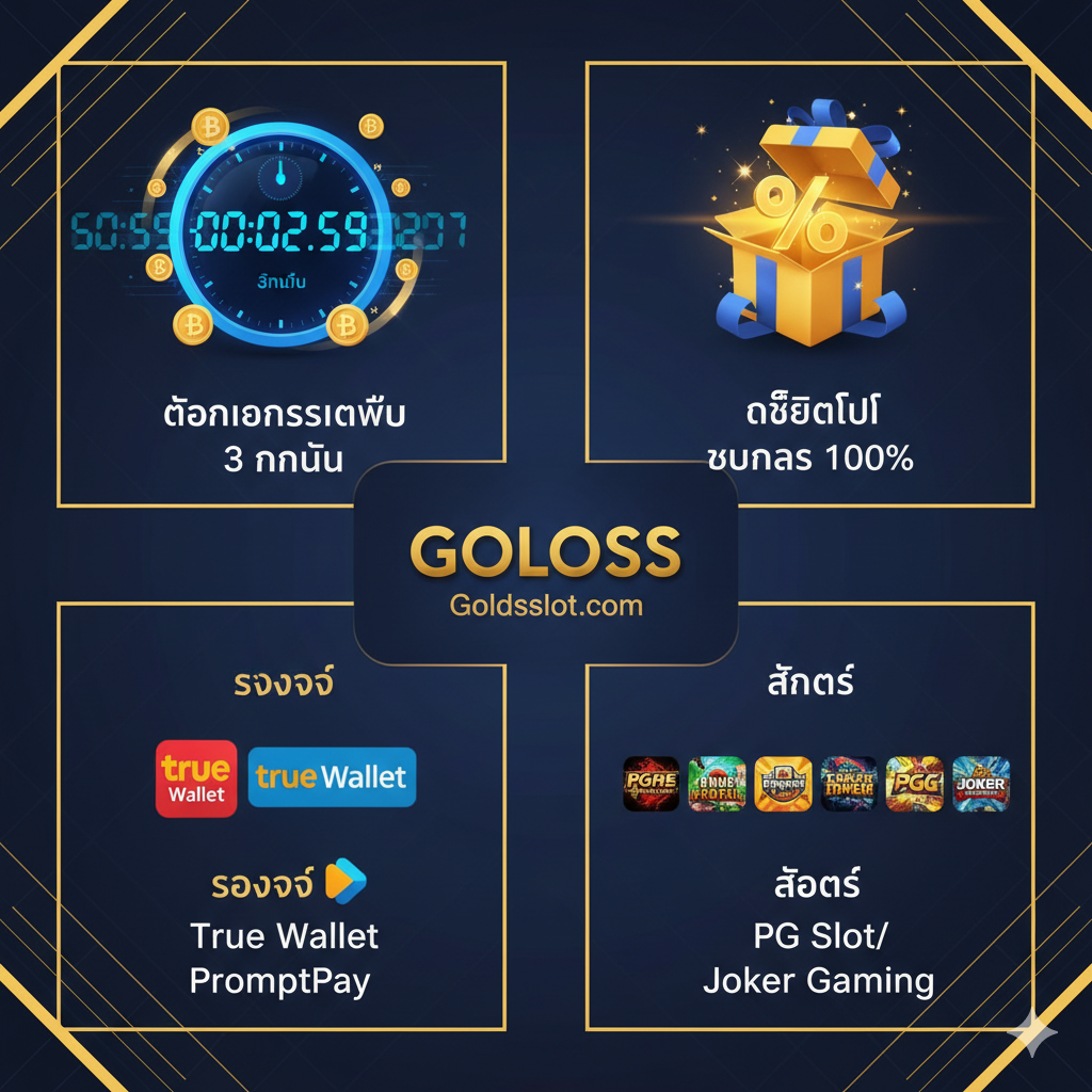 ภาพกราฟิกที่เน้นคุณสมบัติหลักของ Goldsslot โดยมีองค์ประกอบ 4 ส่วนในภาพเดียว: 1. การถอนเงินที่รวดเร็ว (3 นาที): แสดงนาฬิกาดิจิทัลที่ตัวเลขกำลังนับถอยหลังอย่างรวดเร็ว พร้อมสัญลักษณ์สกุลเงินไทย (บาท) 2. เครดิตฟรี/โบนัส 100%: แสดงกล่องของขวัญที่เปิดออกและมีแสงสว่างออกมา พร้อมสัญลักษณ์เครื่องหมาย % 3. รองรับ True Wallet/PromptPay: แสดงโลโก้ของ True Wallet และ PromptPay อย่างชัดเจน 4. สล็อต PG Slot/Joker Gaming: แสดงไอคอนเกมเด่นของค่าย PG และ Joker เล็กน้อย ภาพรวมมีโทนสีสดใสและจัดวางอย่างเป็นระเบียบในสไตล์ Infographic หรือ Banner เพื่อเน้นความน่าเชื่อถือและความสะดวก