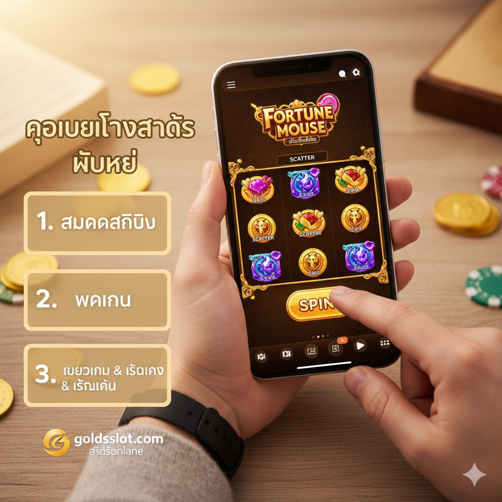 ภาพที่แสดงขั้นตอนง่ายๆ ในการเริ่มต้นเล่นสล็อตออนไลน์สำหรับมือใหม่ โดยเน้นการเข้าถึงผ่านมือถือ (Mobile-first) ภาพควรเป็นฉากที่มือหนึ่งกำลังถือสมาร์ทโฟนและกำลังแตะหน้าจอเพื่อ 'หมุน' สล็อต ตัวหน้าจอสมาร์ทโฟนแสดงภาพเกมสล็อต PG Slot ที่มีสีสันสวยงามและกำลังเข้าสู่รอบโบนัสหรือฟรีสปิน ด้านข้างมีแผนภาพขั้นตอนสั้นๆ (เช่น 1.สมัคร 2.ฝากเงิน 3.เลือกเกม) พร้อมข้อความ 'คู่มือเล่นสล็อต มือใหม่' เป็นภาษาไทย โทนสีอบอุ่นและเป็นมิตร เน้นความง่ายดายและความสะดวกในการใช้งาน