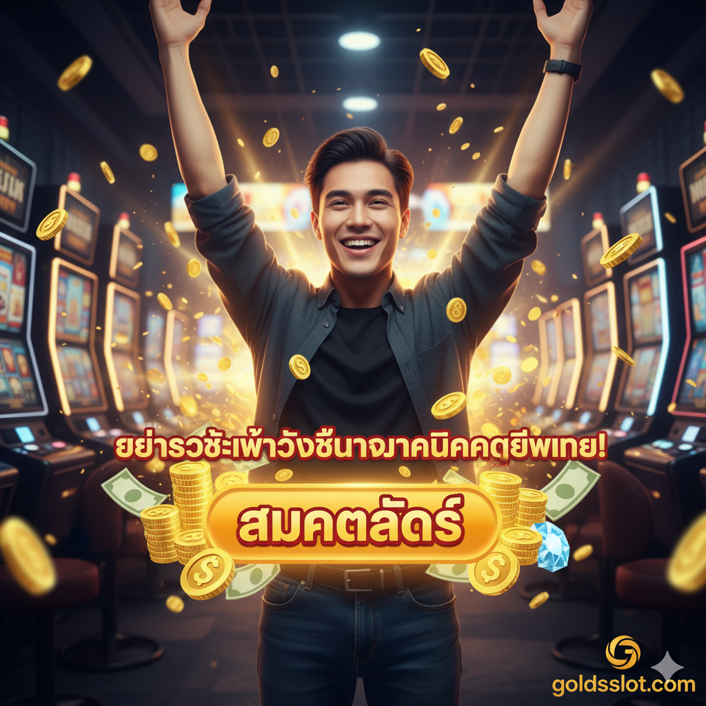 ภาพสรุปที่สร้างแรงบันดาลใจและเชิญชวนให้สมัครสมาชิก แสดงภาพผู้เล่นที่มีความสุขกำลังยิ้มและชูมือขึ้นด้วยความดีใจพร้อมกับมีแสงสว่างและเหรียญทองจำนวนมากลอยอยู่รอบๆ ในบรรยากาศคาสิโนที่มีแสงไฟสลัวๆ แต่เน้นไปที่ความสว่างของชัยชนะ องค์ประกอบหลักคือปุ่ม 'สมัครสล็อต' หรือ 'เข้าร่วมตอนนี้' ขนาดใหญ่ที่ล้อมรอบด้วยไอคอนของโบนัสและเงินรางวัล (เหรียญ, ธนบัตร) เน้นสีทองและสีแดงเพื่อสร้างความรู้สึกเร่งด่วนและความมั่งคั่ง ข้อความภาษาไทย 'อย่ารอช้าที่จะเป็นส่วนหนึ่งของผู้ชนะ!' ควรปรากฏในภาพ โทนภาพโดยรวมควรดูตื่นเต้นและเต็มไปด้วยพลังงานบวก