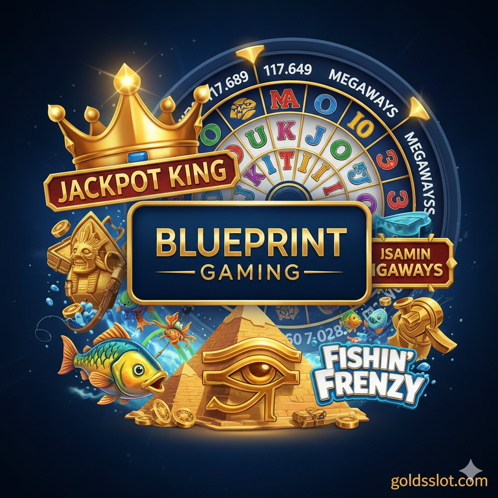 ภาพหน้าปกสล็อตแนวพรีเมียมและน่าตื่นเต้น โดยมีโลโก้ Blueprint Gaming ที่ชัดเจนและโดดเด่นอยู่ตรงกลาง ด้านหลังเป็นภาพรวมขององค์ประกอบเกมยอดนิยม เช่น สัญลักษณ์มงกุฎทองคำ (จาก Jackpot King), วงล้อสล็อตขนาดใหญ่ที่มีช่อง Megaways จำนวนมาก (117,649) และภาพกราฟิกจากเกมดังอย่าง Fishin' Frenzy และ Eye of Horus โทนสีหลักควรเป็นสีน้ำเงินเข้ม ทอง และสีสดใสของเกมสล็อต ให้ความรู้สึกหรูหรา น่าเชื่อถือ และเชิญชวนให้เล่น พร้อมแทรกชื่อเว็บไซต์ goldsslot.com เล็กน้อยอย่างมีระดับที่มุมใดมุมหนึ่ง