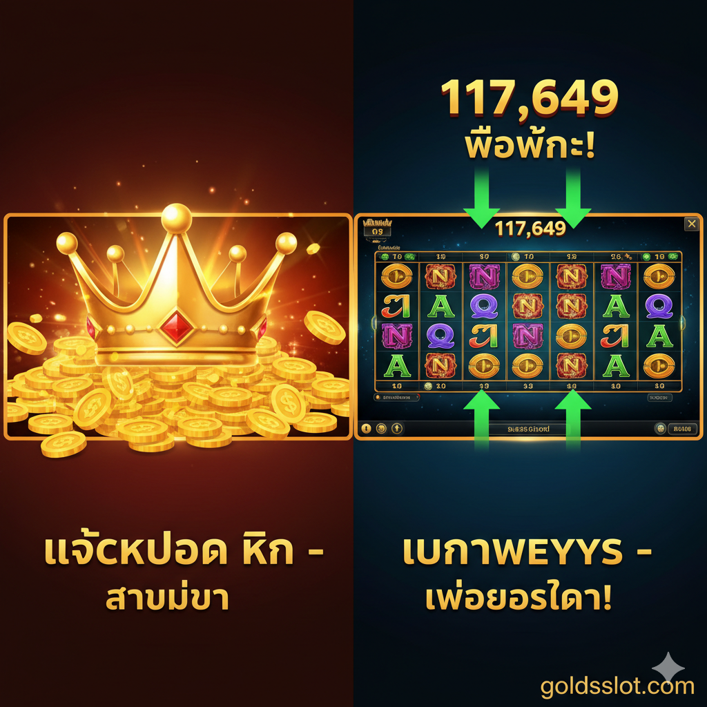 ภาพแสดงกลไกเด่น 2 อย่างของค่าย ได้แก่ Jackpot King และ Megaways โดยแบ่งภาพออกเป็นสองส่วนอย่างชัดเจน: ส่วนซ้ายเป็นสัญลักษณ์มงกุฎและกองเหรียญทองขนาดใหญ่ แสดงถึง Jackpot King ที่ให้รางวัลมหาศาล ส่วนขวาเป็นหน้าจอเกมสล็อตที่แสดงจำนวน 117,649 Ways to Win อย่างชัดเจน พร้อมลูกศรชี้ให้เห็นถึงการเปลี่ยนแปลงของจำนวนแถวในแต่ละวงล้อ โทนสีเน้นความสว่างและพลังงาน เช่น สีทอง สีแดง และสีเขียว เพื่อเน้นย้ำถึงโอกาสในการชนะรางวัลใหญ่