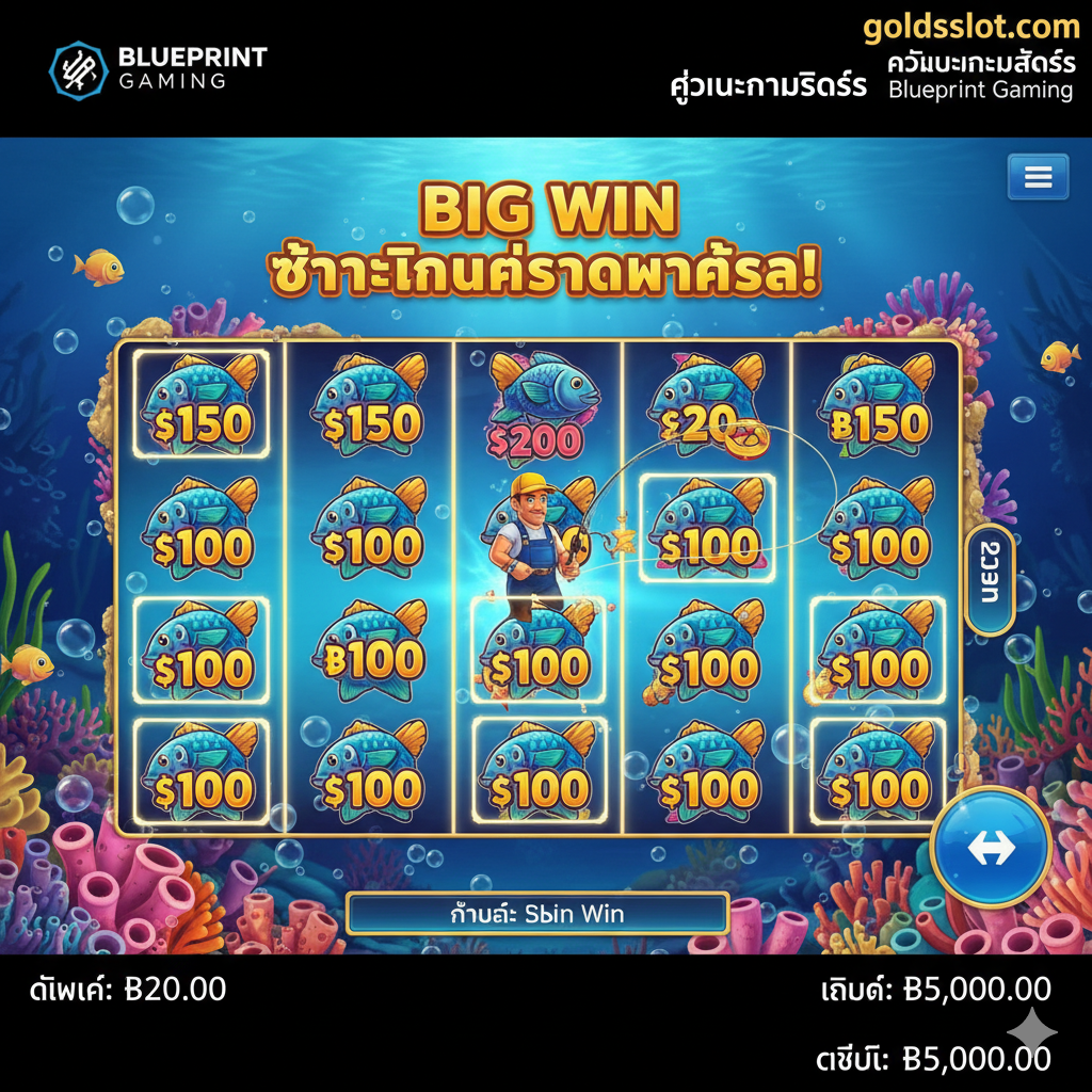 ภาพประกอบส่วนรีวิวเกมที่เน้นเกม Fishin' Frenzy Slot โดยเฉพาะ แสดงหน้าจอเกมในรอบฟรีสปินที่กำลังมีสัญลักษณ์ 'นักตกปลา' ปรากฏอยู่บนวงล้อพร้อมกับรวบรวมมูลค่าเงินรางวัลจากสัญลักษณ์ 'ปลา' หลายตัวที่มีมูลค่ากำกับอยู่ ให้ความรู้สึกถึงช่วงเวลาของการได้รับ 'Big Win' หรือ 'Super Win' มีการไฮไลท์สัญลักษณ์สำคัญ (นักตกปลาและปลาที่มีเงิน) ด้วยแสงสว่างหรือกรอบสีทอง เพื่อเป็นภาพตัวอย่างว่ากลไกการชนะของเกมนี้ทำงานอย่างไร ภาพควรมีสีสันสดใสของทะเลและปลาตามธีมเกม