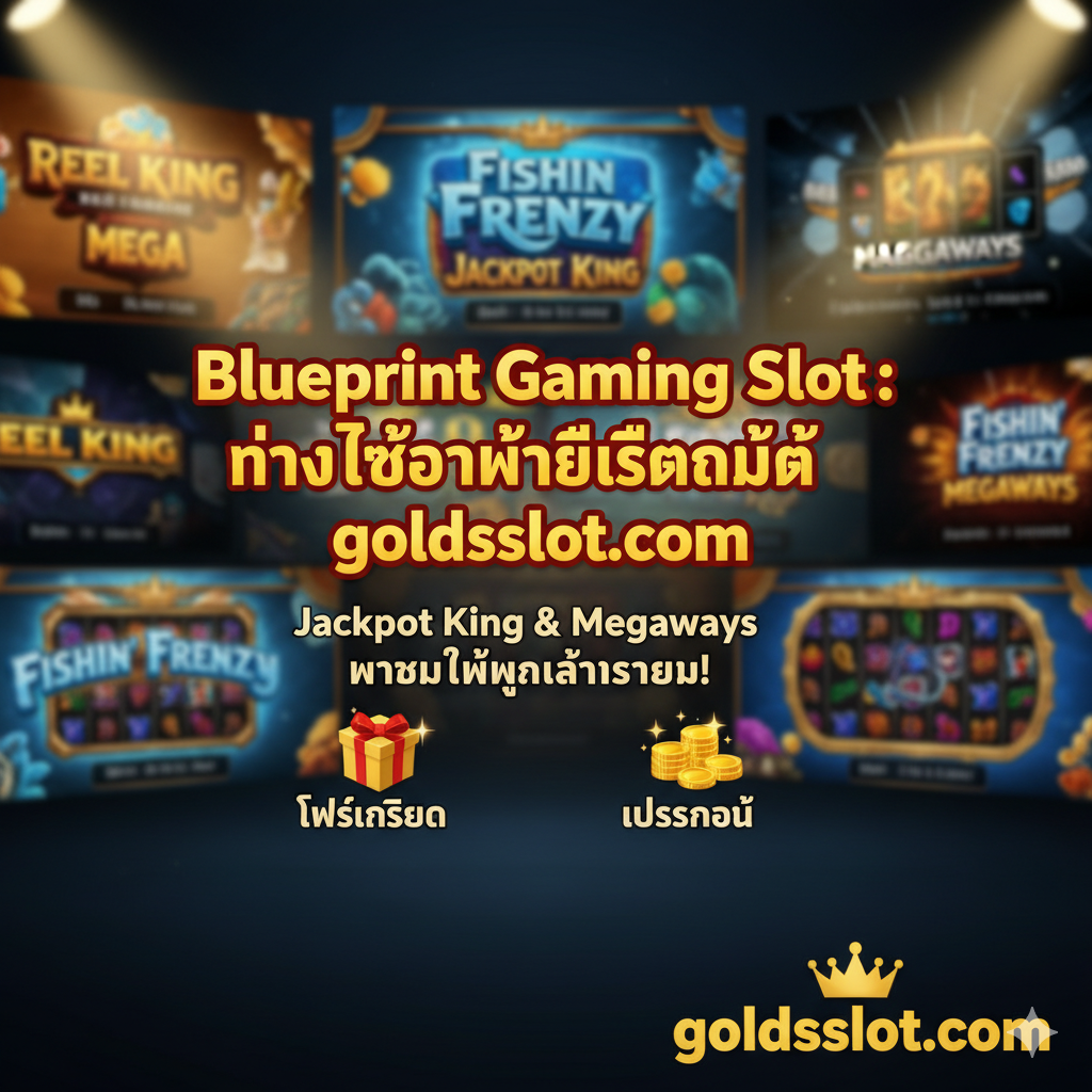 ภาพสรุปที่ทำหน้าที่เป็น Call to Action (CTA) เพื่อกระตุ้นให้สมัครสมาชิก โดยมีพื้นหลังเป็นภาพเบลอของเกม Blueprint Gaming ที่หลากหลายเพื่อสื่อถึงความครบวงจร จุดโฟกัสคือข้อความเด่นที่อ่านง่าย เช่น Blueprint Gaming Slot: ทางเลือกที่ดีที่สุดที่ goldsslot.com หรือ Jackpot King & Megaways พร้อมให้คุณล่ารางวัล! พร้อมไอคอนกล่องของขวัญหรือเหรียญทอง เพื่อสื่อถึง ฟรีเครดิต และ โปรโมชั่น มีการแสดงโลโก้ goldsslot.com อย่างชัดเจน เน้นสีที่ดึงดูดความสนใจ เช่น สีแดงหรือสีทองอร่าม