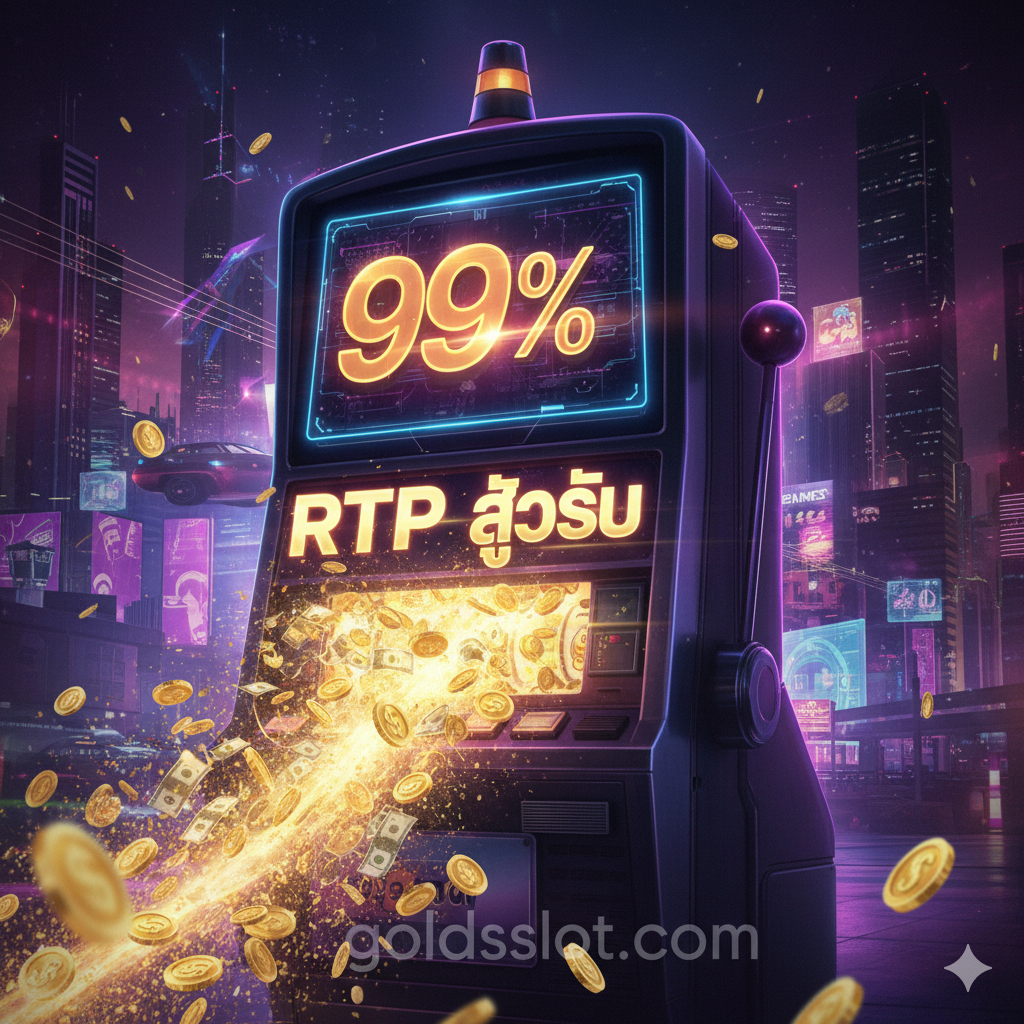 ภาพหน้าปกที่ดึงดูดความสนใจในสไตล์ Cyberpunk หรือ Neo-Vegas ที่มีสีม่วง, น้ำเงินเข้ม, และทองอร่ามเป็นหลัก องค์ประกอบหลักคือสล็อตแมชชีนดิจิทัลขนาดใหญ่ที่มีหน้าจอแสดงตัวเลข '99%' และข้อความตัวหนา 'RTP สูงสุด' พร้อมสัญลักษณ์เหรียญทองและธนบัตรที่พุ่งออกมาจากเครื่อง สล็อตแมชชีนควรมีเงาของโลโก้ goldsslot.com สะท้อนอยู่บนตัวเครื่องเล็กน้อย เน้นแสงสว่างที่พุ่งออกมาจากตัวเลขและเหรียญเพื่อสื่อถึงการจ่ายเงินที่สูงมากและการทำกำไร