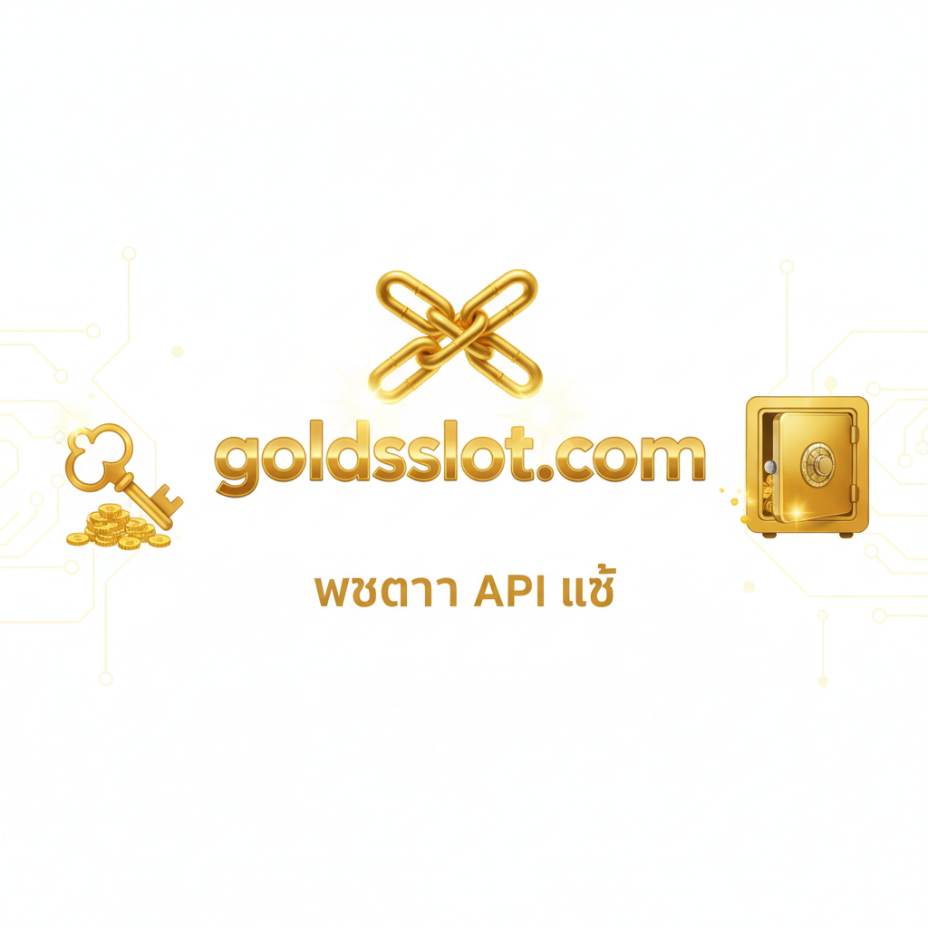 ภาพที่สื่อถึงความน่าเชื่อถือและความโปร่งใสของ goldsslot.com องค์ประกอบหลักคือโลโก้ของ goldsslot.com ที่อยู่ตรงกลาง โดยมีลูกโซ่ (Chain Link) สองอันเกี่ยวกันอยู่ด้านหลัง สื่อถึง 'เว็บตรง API แท้' (Genuine API) ที่ไม่มีการโกงหรือปรับลด RTP ด้านซ้ายและขวาของโลโก้มีไอคอนรูปกุญแจและรูปตู้เซฟที่เปิดอยู่ เผยให้เห็นแสงสีทองและเหรียญที่อยู่ภายใน เน้นสีทองและขาวเพื่อสื่อถึงความมั่งคั่งและความปลอดภัยในการเล่นกับเว็บตรง