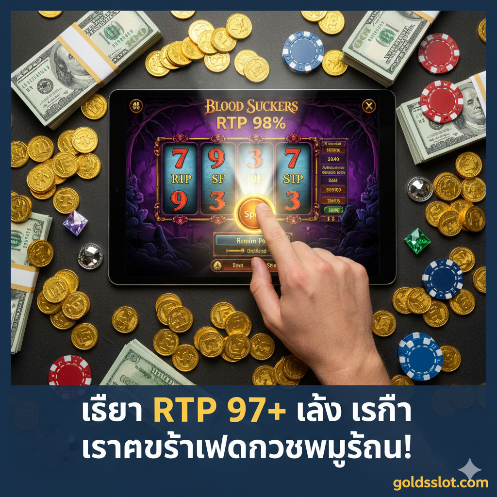 ภาพสรุปที่เน้นการกระทำและการตัดสินใจของผู้เล่น แสดงมือของบุคคลกำลังกดปุ่ม 'Spin' บนหน้าจอมือถือ/แท็บเล็ตที่มีภาพเกมสล็อต RTP สูง (เช่น Blood Suckers หรือ Mega Joker) อยู่ ภาพควรมองจากมุมสูง (Top-down view) และมีเหรียญทองคำกระจายอยู่รอบ ๆ โทรศัพท์ พร้อมข้อความตัวหนาที่ด้านล่างว่า 'เลือก RTP 97%+ แล้วเริ่มสร้างผลตอบแทนสูงสุด!' เน้นแสงสว่างที่ปุ่ม Spin เพื่อกระตุ้นให้ผู้เล่นลงมือทำและเข้าเล่นทันที