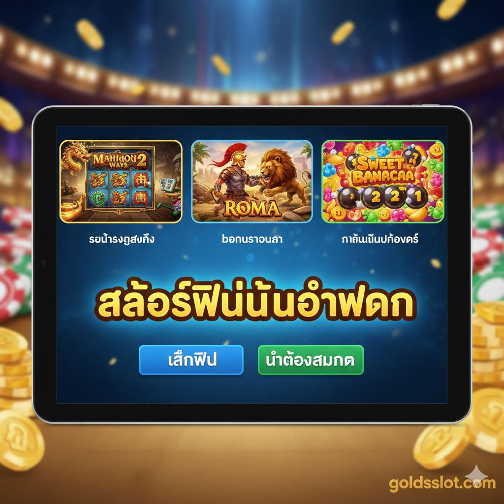 ฟังก์ชันภาพ เน้นที่ฟังก์ชันหลักของ “สล็อตฟรีไม่ต้องฝาก” ภาพควรมีหน้าจอโทรศัพท์มือถือหรือแท็บเล็ตเป็นศูนย์กลาง แสดงหน้าต่างเล็กๆ สามบาน ซึ่งแสดงถึงลักษณะของเกมที่แตกต่างกัน 1. Mahjong Ways 2 ของ PG Slot (แสดงภาพกราฟิกที่สวยงาม), 2. อินเทอร์เฟซการต่อสู้กับสิงโตใน Roma Slot ของ Joker Gaming (แสดงถึงเกมโบนัสที่น่าตื่นเต้น), 3. Sweet Bonanza ของ Pragmatic Play (แสดงถึงตัวคูณ Tumble ที่สูง) ใต้หน้าจอควรมีปุ่มภาษาไทยที่ชัดเจน: “เล่นฟรี” (Play Free) และ “ไม่ต้องสมัคร” (No Sign Up) สีสันสดใส องค์ประกอบชัดเจน เน้นความสะดวกในการสัมผัสประสบการณ์กลไกเกมทั้งหมดโดยไม่ต้องลงทะเบียนและไม่ต้องฝากเงิน