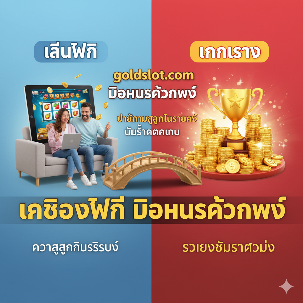 ภาพความได้เปรียบ เน้นการเปลี่ยนผ่านจาก “เล่นฟรี” เป็น “ทำเงินจริง” ภาพควรแบ่งเป็นสองโซนที่ตัดกัน: โซน “FREE PLAY” ที่มีสีน้ำเงินอ่อนและผู้คนยิ้มแย้มผ่อนคลาย และโซน “REAL MONEY” ที่มีสีทองและสีแดงสดใส พร้อมกองเหรียญทองและถ้วยรางวัล มีสะพานหรือลูกศรอยู่ตรงกลางที่เขียนว่า “goldsslot.com” และ “เครดิตฟรี” (Free Credit) / “โบนัสต้อนรับ” (Welcome Bonus) รูปภาพต้องสื่อสารอย่างชัดเจนว่าแพลตฟอร์มมีข้อได้เปรียบในการมอบการเปลี่ยนผ่านที่ราบรื่นและสิทธิประโยชน์เพิ่มเติม (เช่น โบนัสไม่ต้องฝาก) 