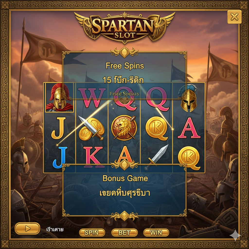 ภาพแสดงฟีเจอร์เด่นของเกมสล็อตสปาร์ตัน ภาพควรเน้นที่สัญลักษณ์หลักของเกม เช่น สัญลักษณ์ Wild ที่เป็นภาพกษัตริย์สปาร์ตัน หรือ Scatter Symbol ที่เป็นโล่และหอก โดยมีหน้าต่าง Free Spins หรือ Bonus Game แสดงอยู่ด้านหลังอย่างโปร่งแสง พื้นหลังคือสนามรบโบราณที่เต็มไปด้วยธงขาดวิ่นและควันไฟ ใช้การจัดวางแบบตารางที่ชัดเจนเพื่อแสดงให้เห็นถึงการจ่ายรางวัล (Paylines) โดยมีเส้นแสงสีทองพาดผ่านสัญลักษณ์ที่ชนะ เพื่อสื่อถึงฟีเจอร์และกลไกการเล่นเกมที่น่าตื่นเต้นของ Spartan Slot