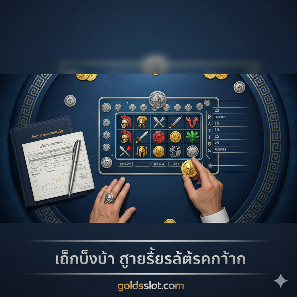 ภาพประกอบส่วนของเคล็ดลับและกลยุทธ์การเล่น ภาพควรมีมุมมองจากด้านบนที่แสดงมือของผู้เล่นกำลังวางเหรียญทองหรือชิปเดิมพันลงบนตารางสล็อตแบบย่อที่มีธีมสปาร์ตัน (เช่น มีตัวเลข Paylines กำกับ) มีสมุดบันทึกเล็กๆ หรือแผนภาพกลยุทธ์วางอยู่ข้างๆ โดยมีปากกาวางอยู่ด้านบน เพื่อสื่อถึงการวางแผนและการจัดการเงินทุน (Bankroll Management) โทนสีควรเป็นสีฟ้าเข้มและสีเงินเพื่อสื่อถึงความรอบคอบและความน่าเชื่อถือของข้อมูลการเล่น เน้นความรู้สึกจริงจังและเป็นมืออาชีพในการเดิมพัน