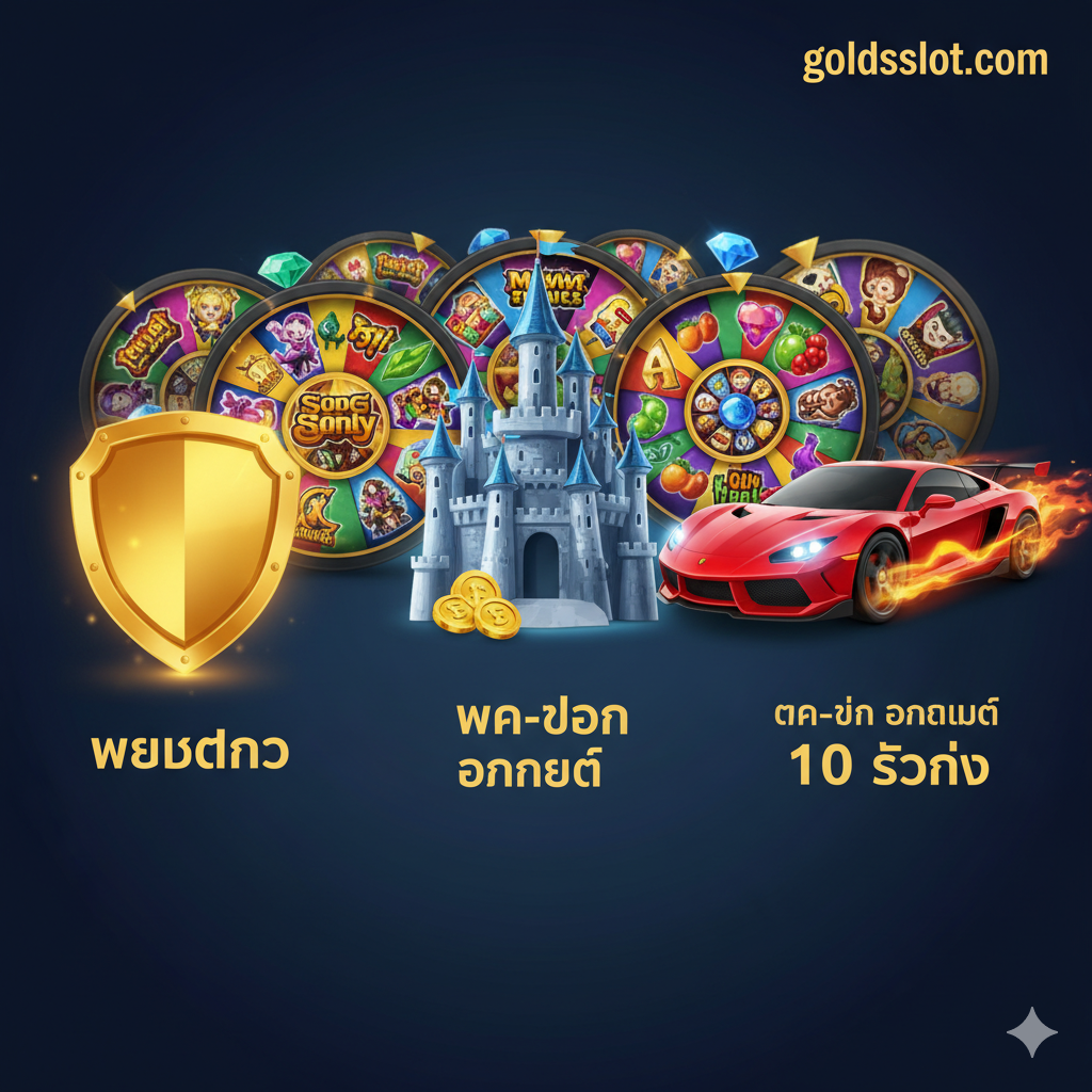 突出goldsslot.com作为“เว็บตรง”和“ระบบออโต้”的优势图。画面主体应是三个代表优势的关键元素：1. ความมั่นคง (Stability): 一个坚固的盾牌或城堡图标，代表เว็บตรง。2. ความเร็ว (Speed): 一个闪电或跑车图标，配上“ฝาก-ถอน อัตโนมัติ 10 วินาที”的字样。3. ความหลากหลาย (Variety): 多个不同主题ของสล็อต游戏图标或卷轴在背景中旋转。色彩鲜艳，强调高效和安全，暗示比旧的qq slot wcb 100 terbaru 2019系统更先进、更可靠。