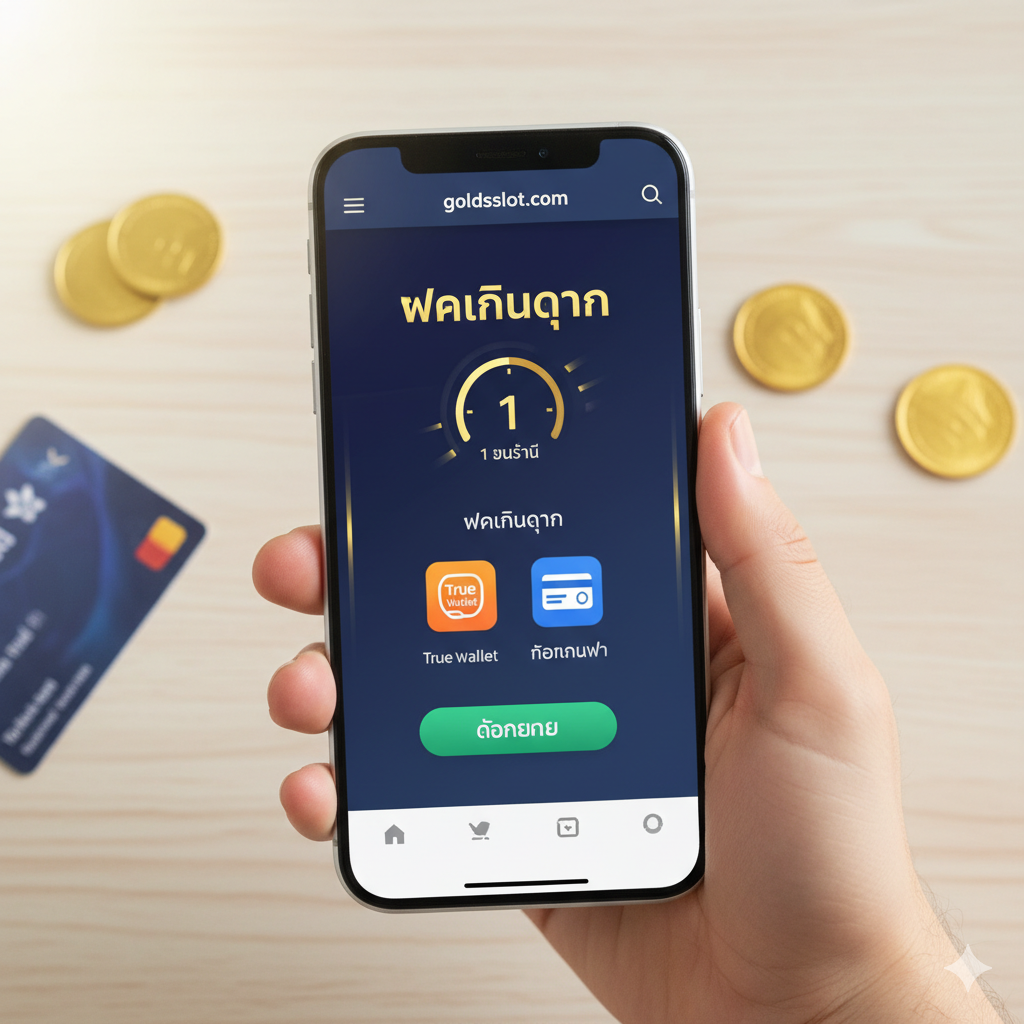 图片作为新手教程，展示用户如何在手机上操作。构图应为一个俯视角度（Flat Lay），展示一只手正拿着智能手机，屏幕上清晰地显示 goldsslot.com 的“ฝากเงิน” (Deposit) 或“ถอนเงิน” (Withdrawal) 界面。界面设计应简洁，突出“1 วินาที” 的计时器或速度计元素。旁边可以放置一个 True Wallet 的图标和一个银行卡的抽象图标，暗示支持多种支付渠道。整体光线应明亮，强调操作的便捷和直观，使新手感觉操作流程非常简单快速。