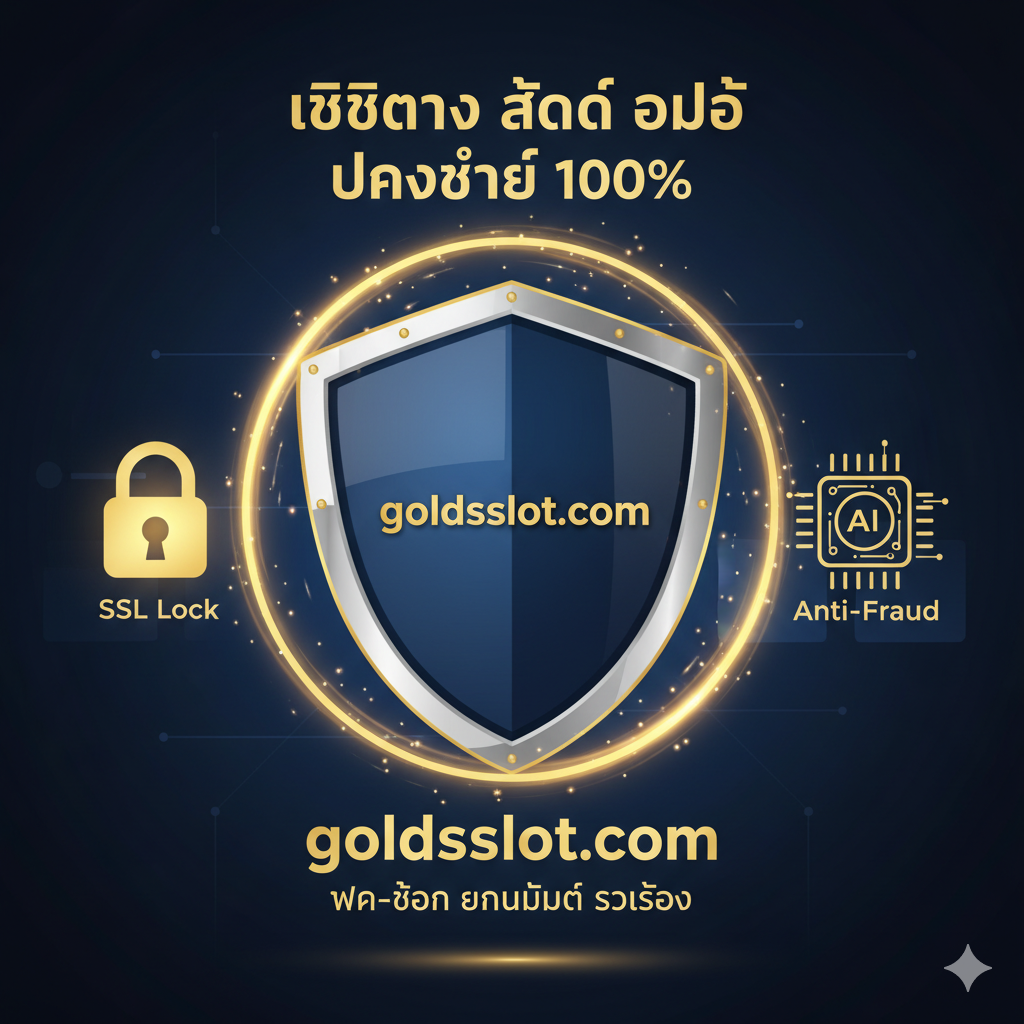 图片用于总结和建立信任，主题是“เว็บตรง Slot Auto ปลอดภัย 100%” (Direct Web Slot Auto 100% Secure)。主视觉是一个坚固的堡垒或盾牌，上面刻有 goldsslot.com 的标志。堡垒被金色的光芒或保护罩环绕。关键元素包括一个“SSL Lock”或“Encryption”图标，和一个“Anti-Fraud”的AI芯片抽象图，代表安全和防作弊。色彩使用深蓝、银色和金色，传达专业、可靠和高标准的安全性。整体构图应稳固有力，以增强用户对 goldsslot.com 作为“เว็บตรง” (Direct Web) 的信赖感。