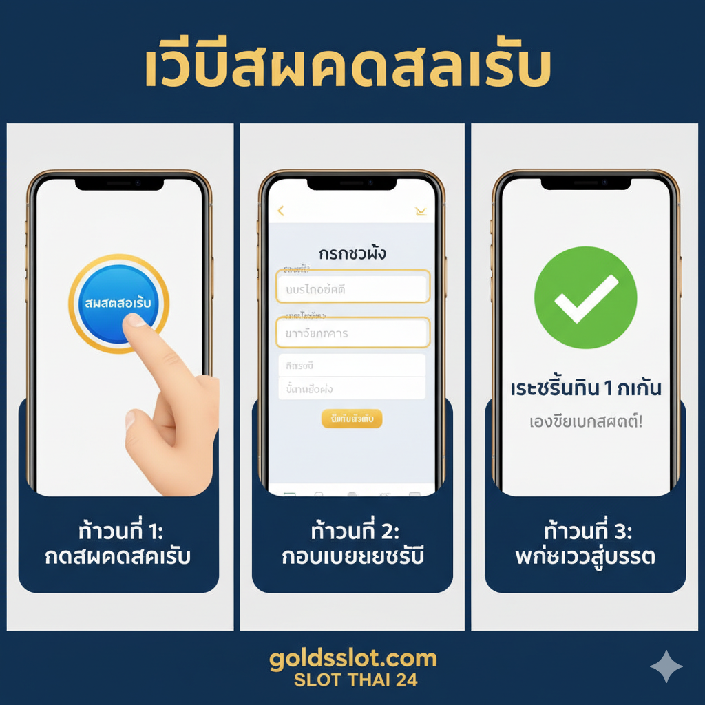 อธิบายขั้นตอนการ “วิธีสมัครสมาชิก” รูปภาพใช้การจัดองค์ประกอบแบบสามช่องหรือสามขั้นตอนขนานกัน ช่องที่หนึ่ง: มือแตะปุ่ม “สมัครสมาชิก” บนโทรศัพท์มือถือ ช่องที่สอง: อินเทอร์เฟซแบบฟอร์ม โดยเน้นที่ช่อง “เบอร์โทรศัพท์” และ “บัญชีธนาคาร” ช่องที่สาม: ไอคอนยืนยันเครื่องหมายถูกสีเขียวและข้อความ “เสร็จสิ้นใน 1 นาที” โดยรวมแล้วสีสันสดใส ขั้นตอนชัดเจน และใช้คำสำคัญภาษาไทยเพื่อสื่อถึงกระบวนการลงทะเบียนที่ “ง่ายและรวดเร็ว”