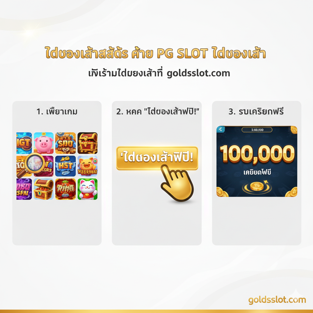 一张清晰的教程步骤图，展示如何在goldsslot.com上开始“ทดลองเล่น” (Demo Play)。图片分为三个步骤，使用图标和泰语标签：1. (เลือกเกม) 一个放大镜悬停在PG游戏图标网格上。 2. (คลิก 'ทดลองเล่นฟรี!') 一个金色的鼠标光标点击一个醒目的“ทดลองเล่นฟรี!”按钮。 3. (รับเครดิตฟรี) 游戏加载完毕，显示一个巨大的“100,000”免费积分余额。背景简洁明亮，采用goldsslot的品牌金色和白色，构图清晰易懂，引导用户轻松上手。